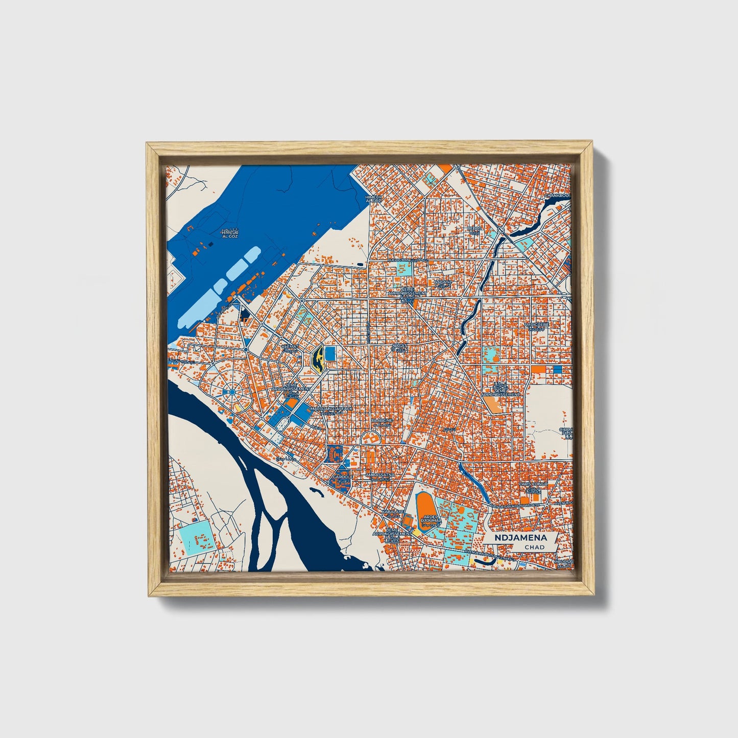 Ndjamena Chad Colorful City Map Canvas Print • Natural Wooden Framed