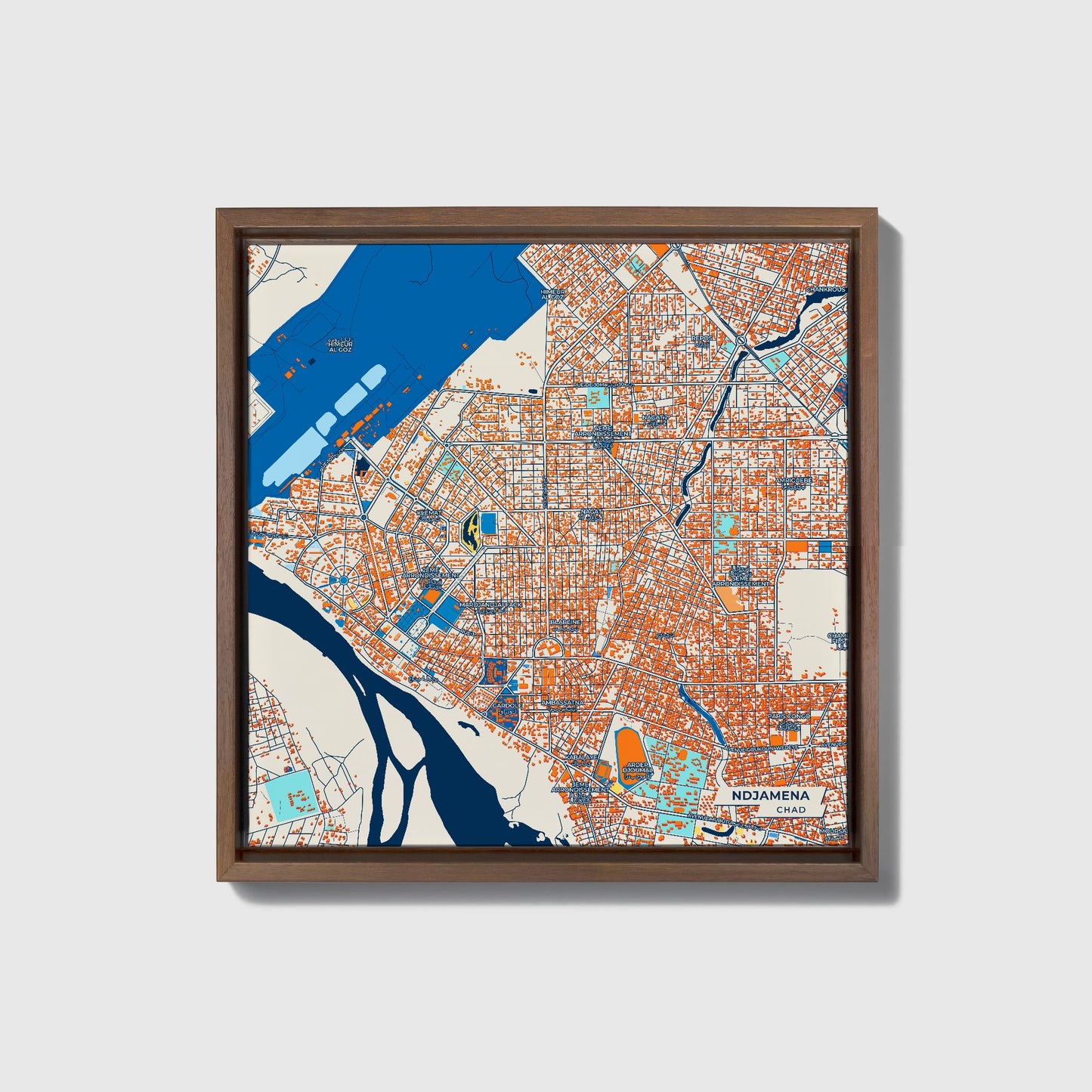 Ndjamena Chad Colorful City Map Canvas Print • Dark Wooden Framed