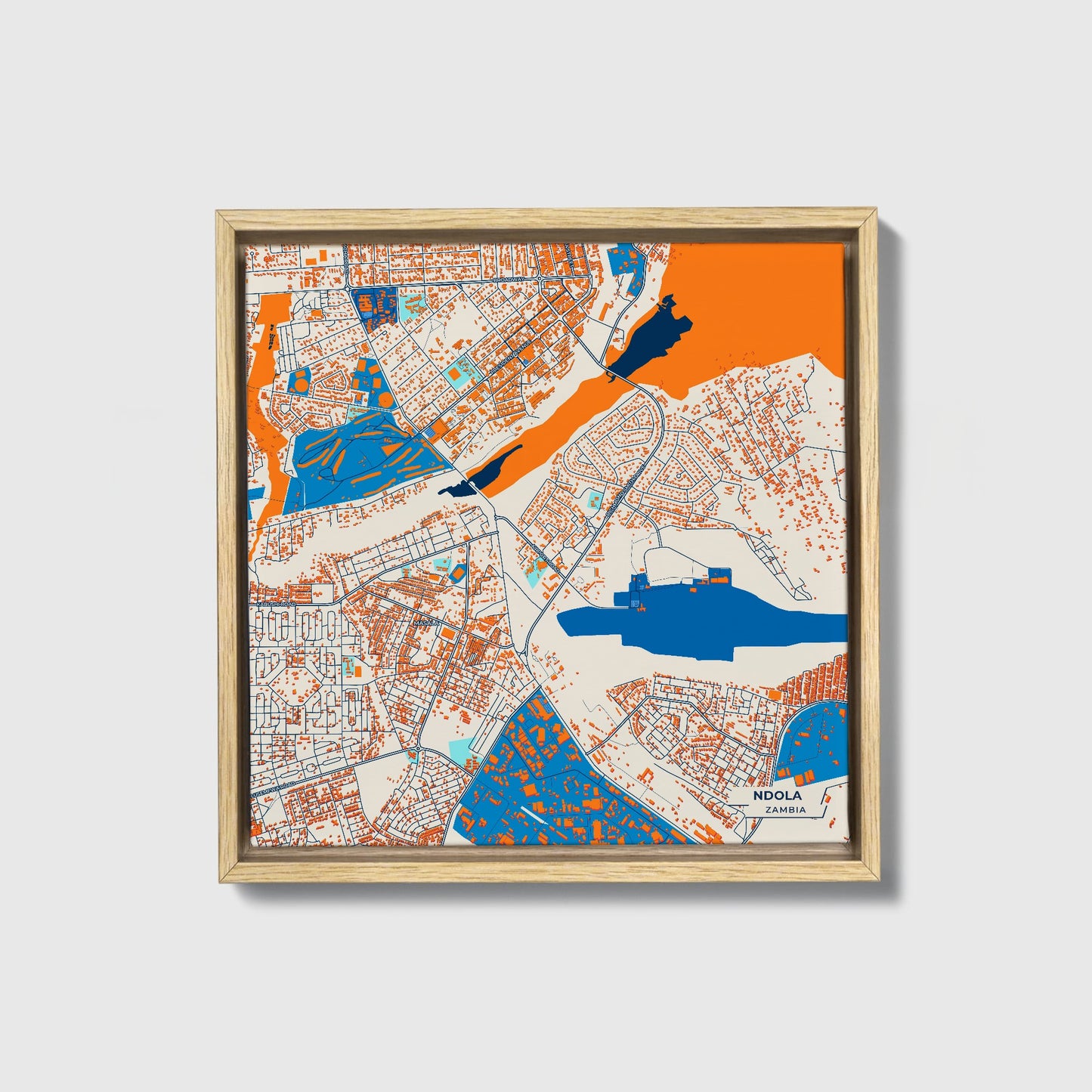 Ndola Zambia Colorful City Map Canvas Print • Natural Wooden Framed