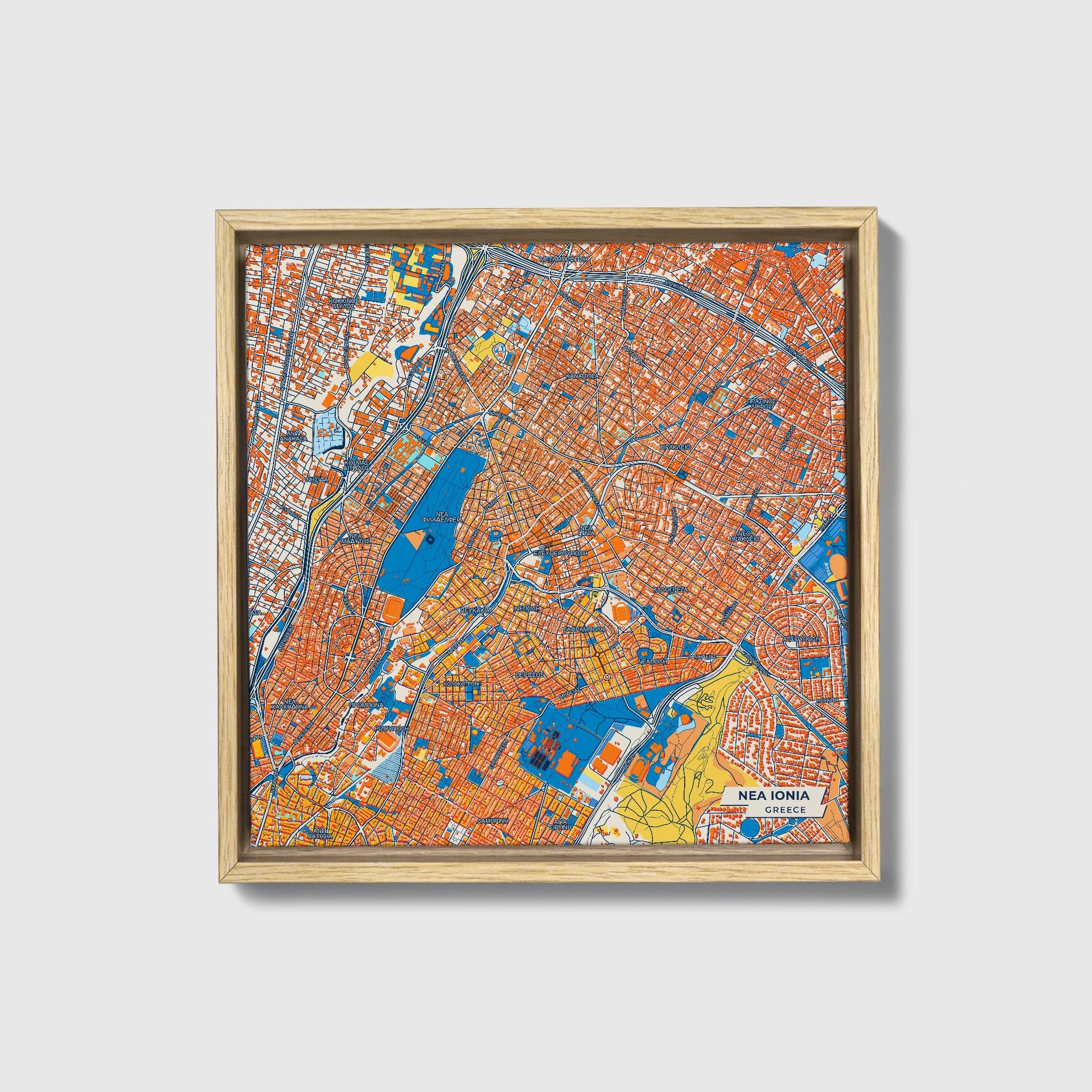 Νεα Ιονια Greece Colorful City Map Canvas Print • Natural Wooden Framed