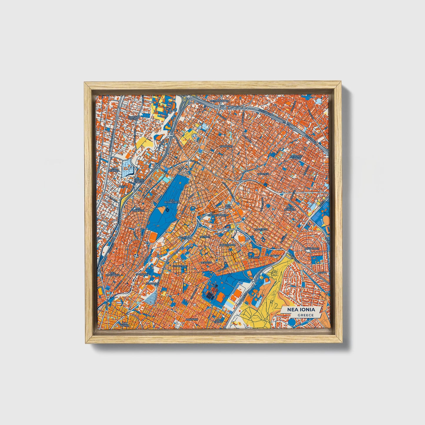 Νεα Ιονια Greece Colorful City Map Canvas Print • Natural Wooden Framed