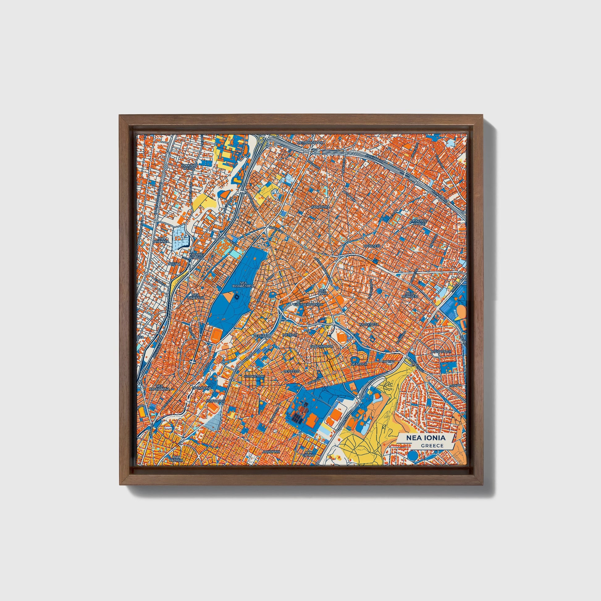 Νεα Ιονια Greece Colorful City Map Canvas Print • Dark Wooden Framed