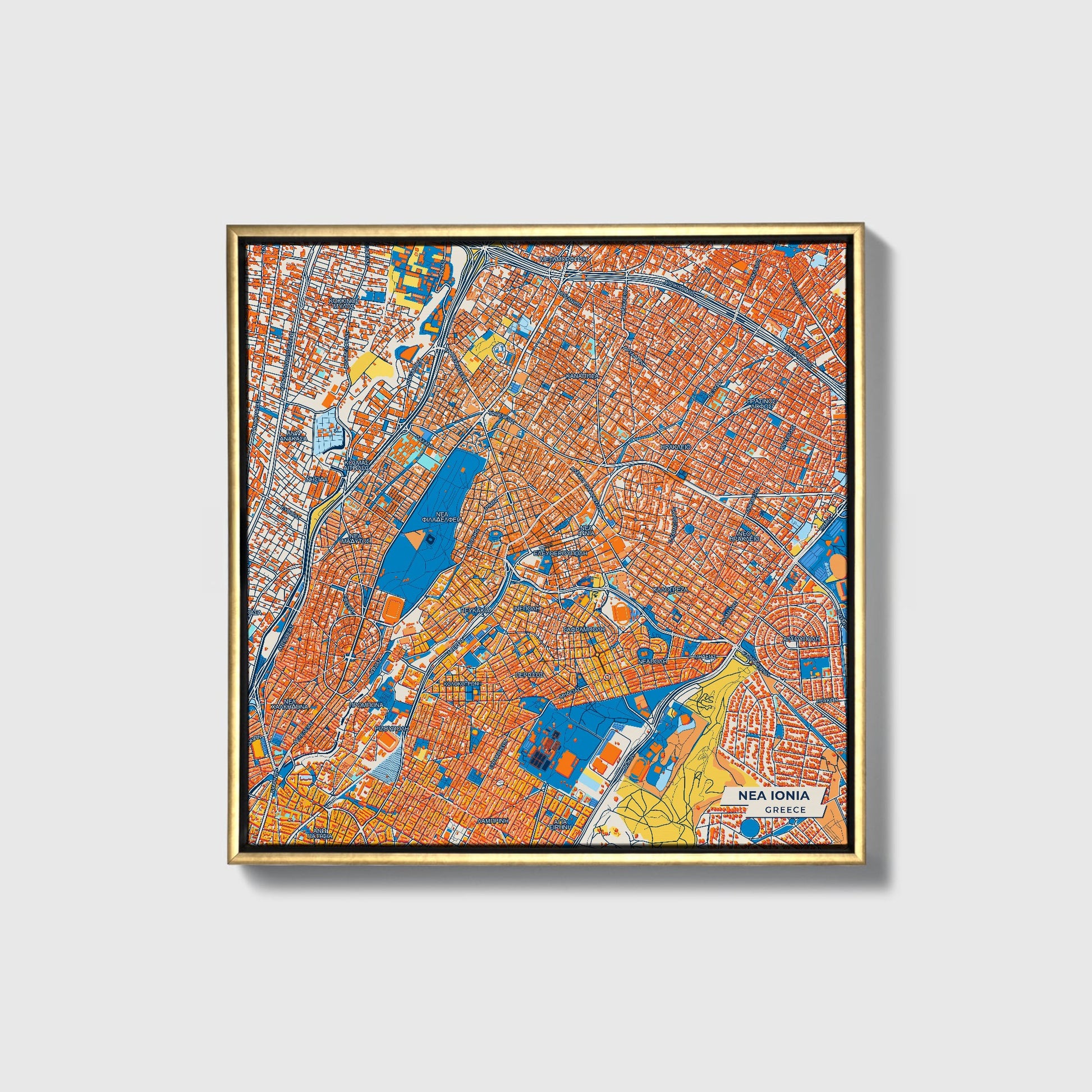 Νεα Ιονια Greece Colorful City Map Canvas Print • Gold Framed