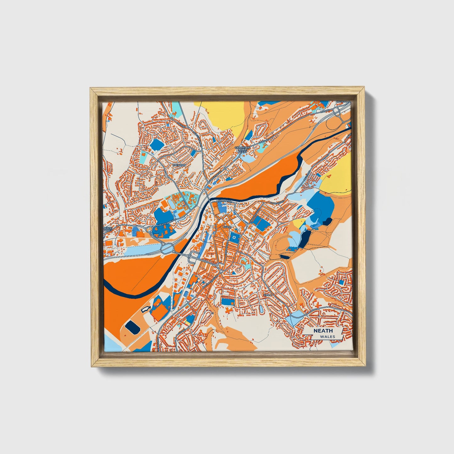 Neath Wales Colorful City Map Canvas Print • Natural Wooden Framed