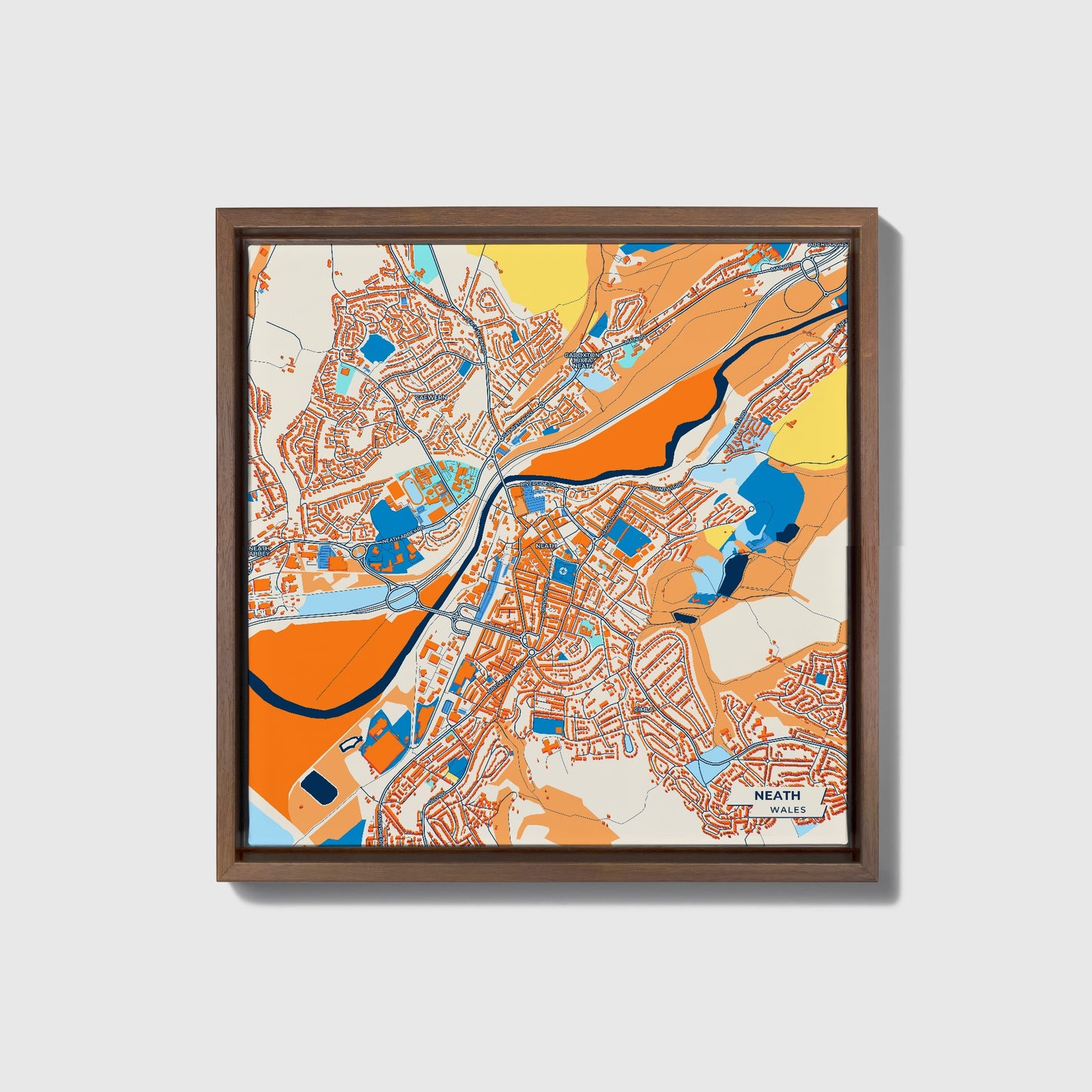 Neath Wales Colorful City Map Canvas Print • Dark Wooden Framed