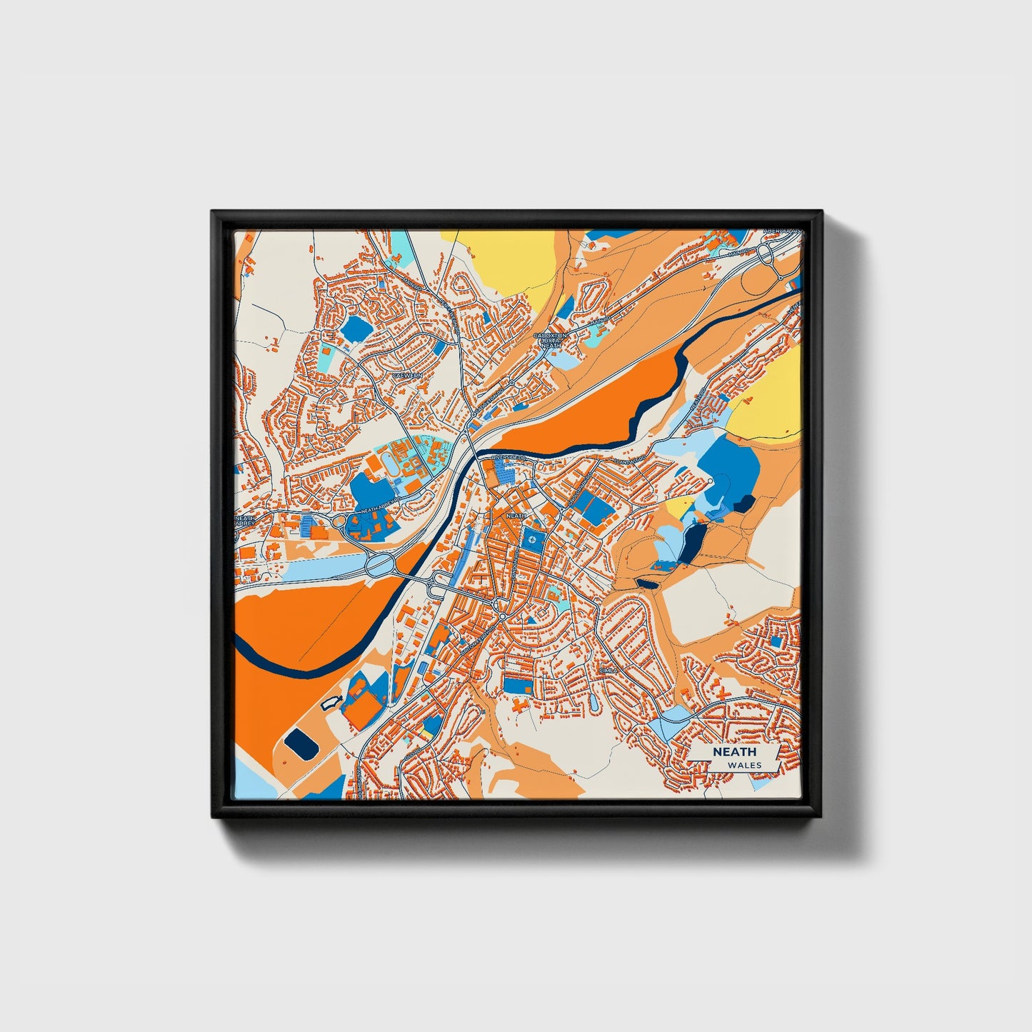 Neath Wales Colorful City Map Canvas Print • Black Framed