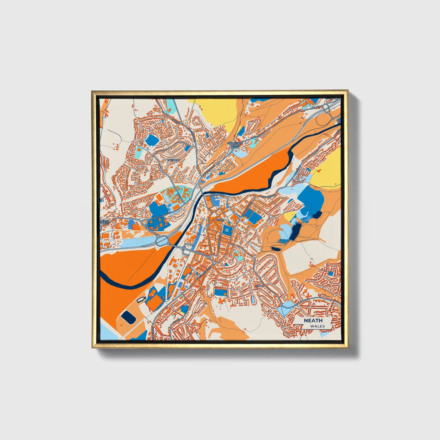 Neath Wales Colorful City Map Canvas Print • Gold Framed