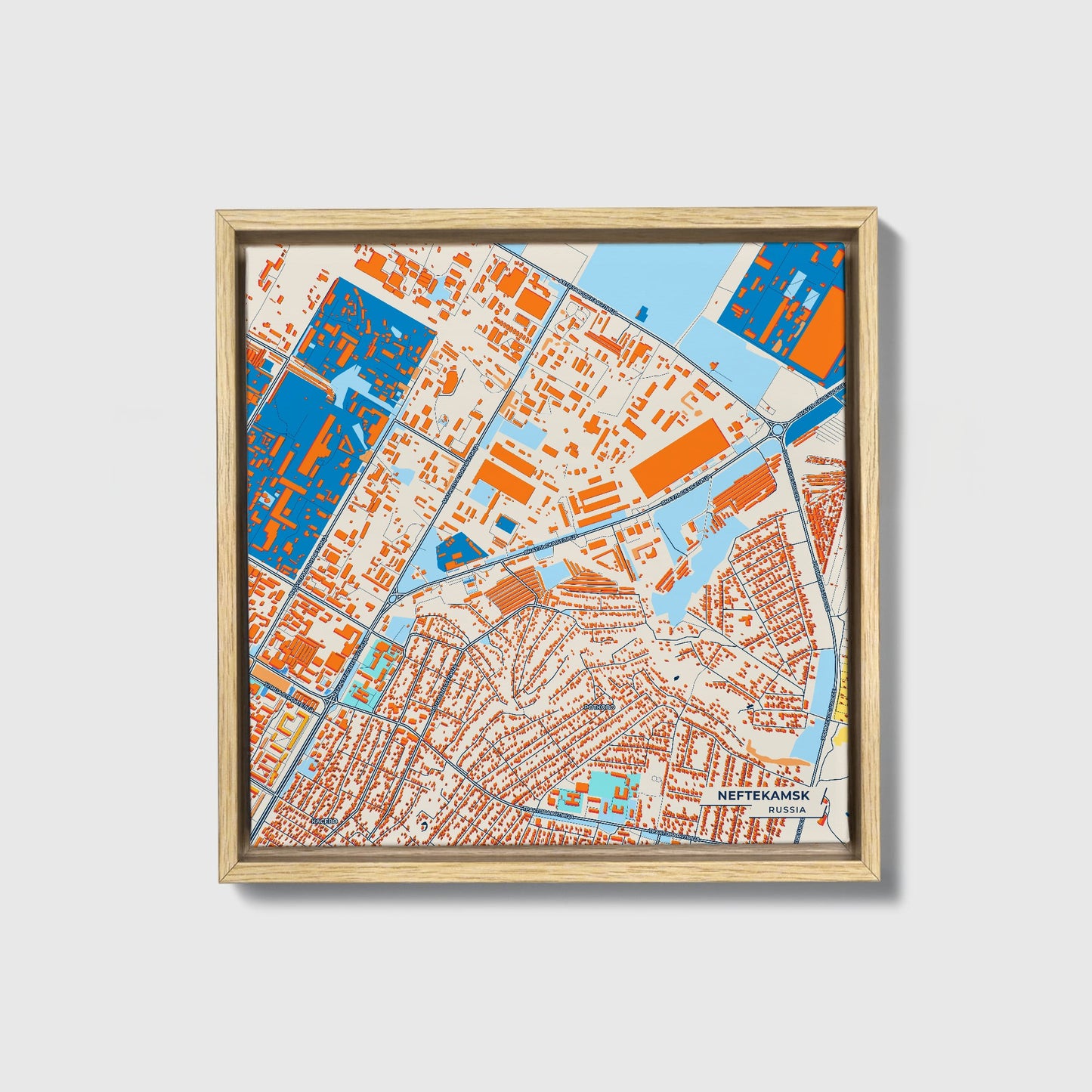 Нефтекамск Russia Colorful City Map Canvas Print • Natural Wooden Framed