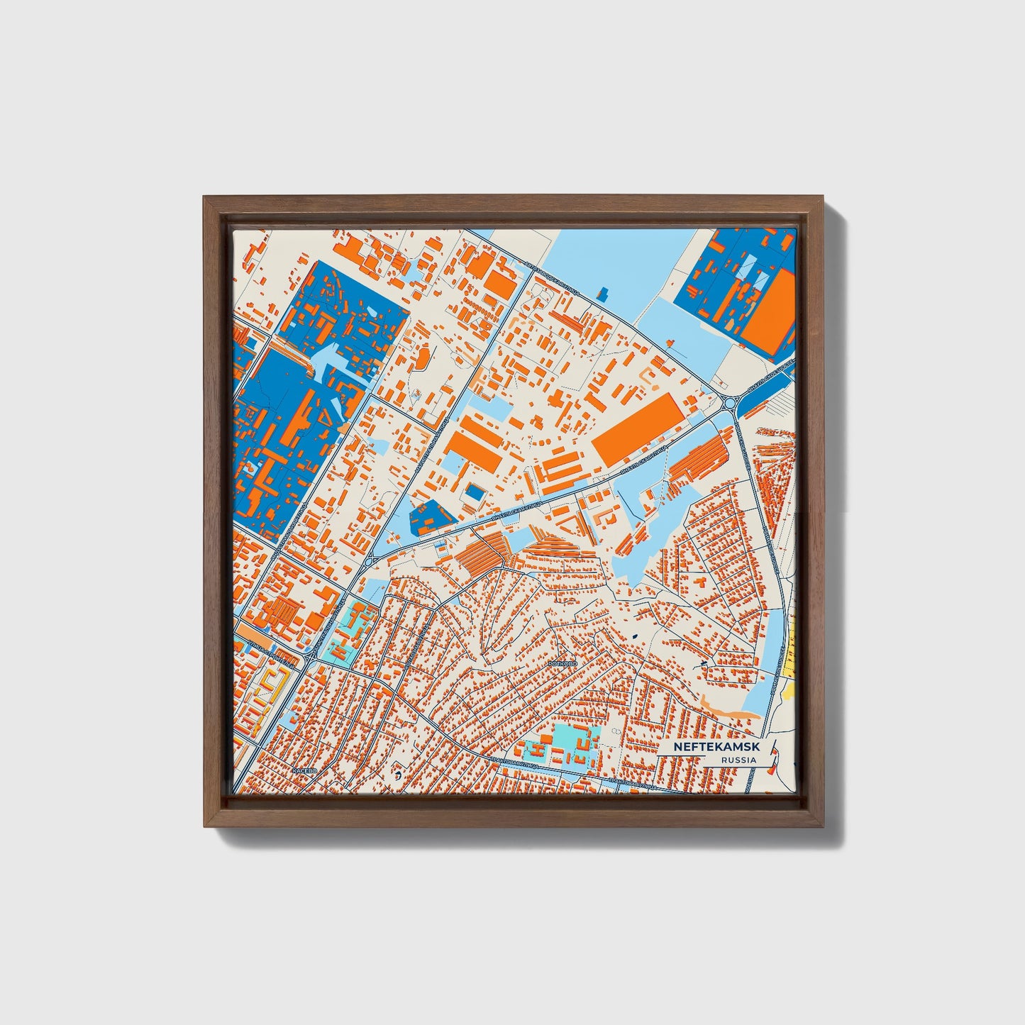 Нефтекамск Russia Colorful City Map Canvas Print • Dark Wooden Framed
