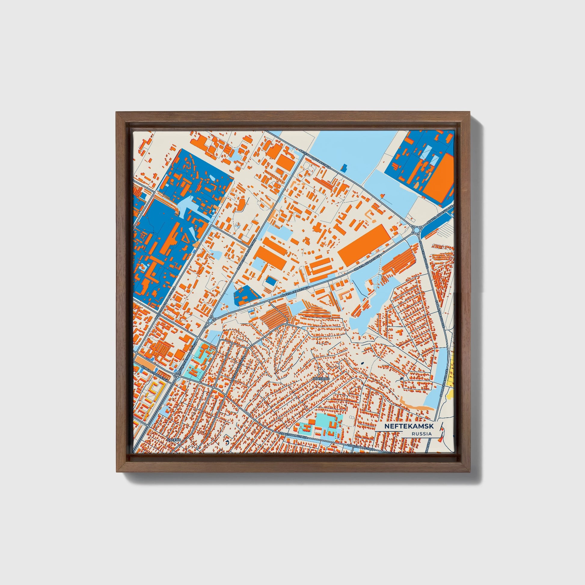 Нефтекамск Russia Colorful City Map Canvas Print • Dark Wooden Framed