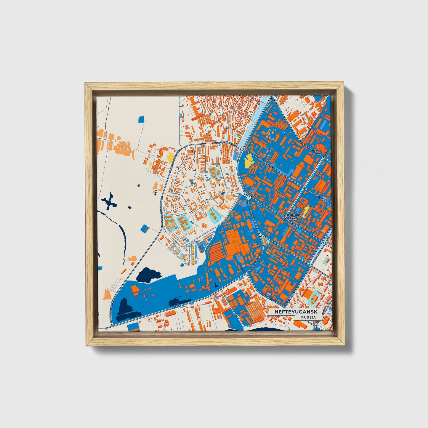 Нефтеюганск Russia Colorful City Map Canvas Print • Natural Wooden Framed