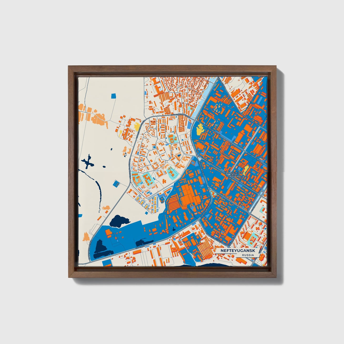 Нефтеюганск Russia Colorful City Map Canvas Print • Dark Wooden Framed