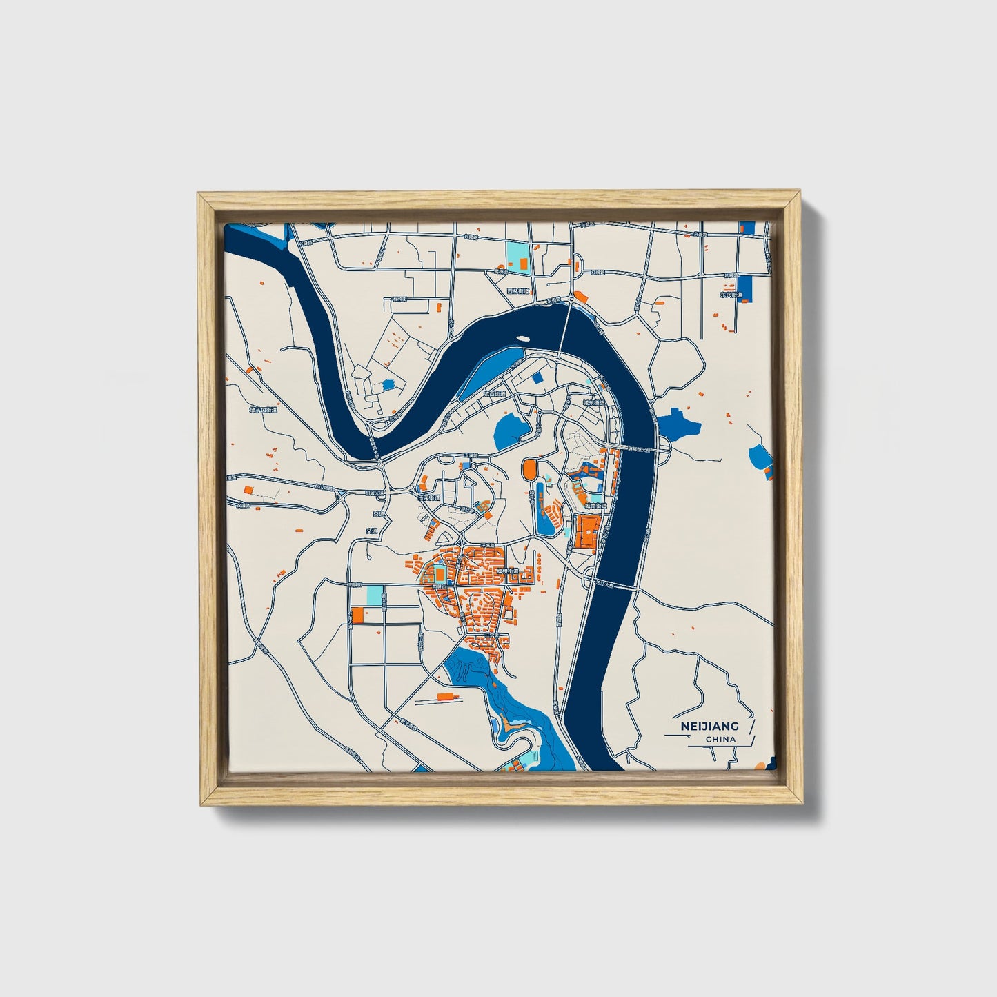 Neijiang China Colorful City Map Canvas Print • Natural Wooden Framed