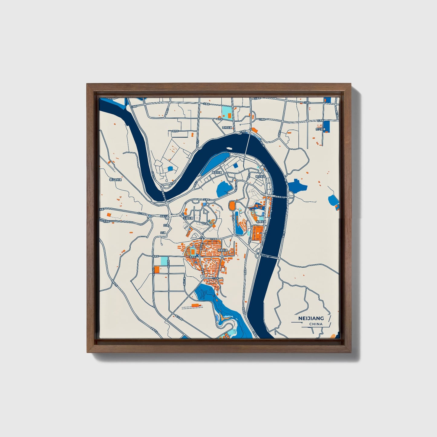 Neijiang China Colorful City Map Canvas Print • Dark Wooden Framed