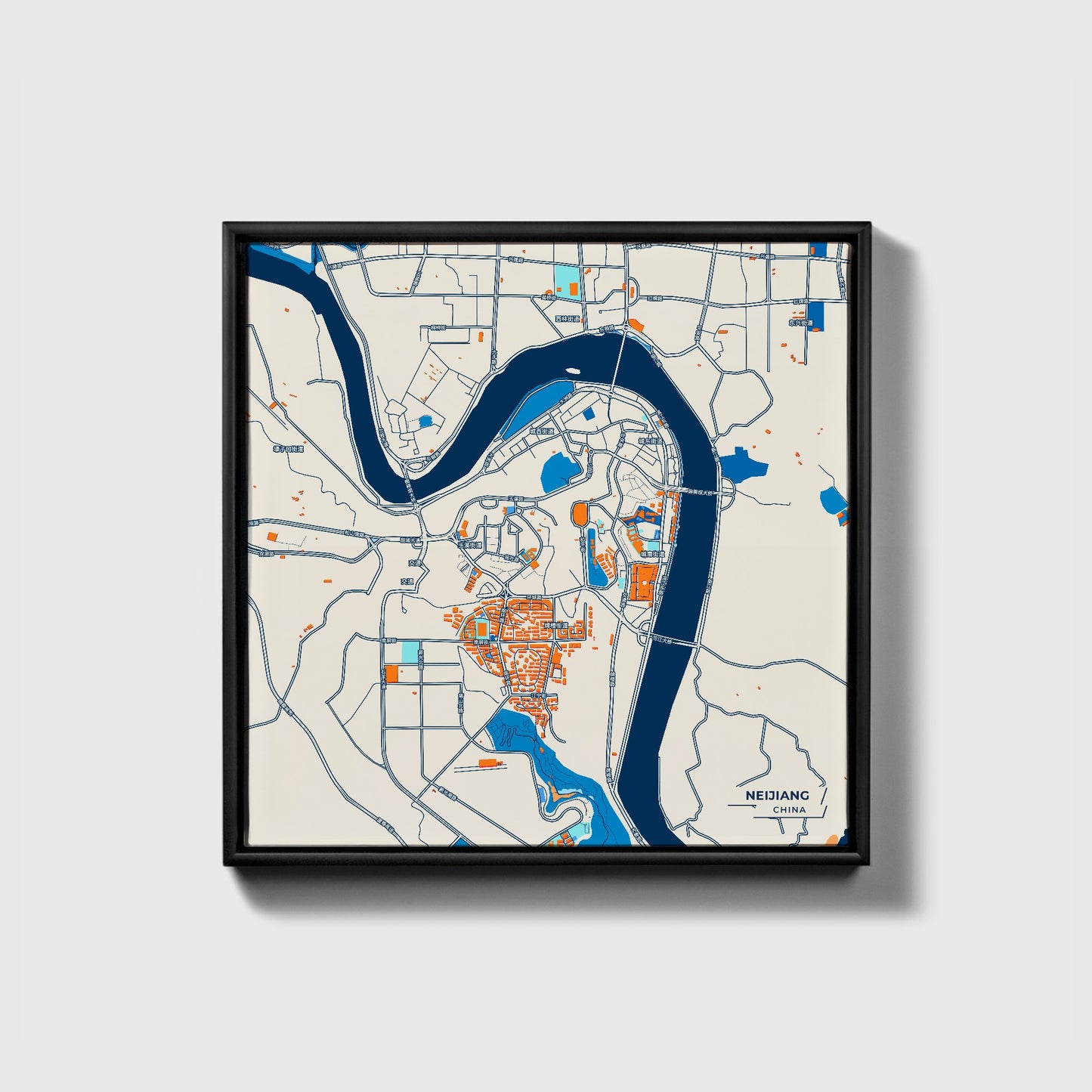 Neijiang China Colorful City Map Canvas Print • Black Framed