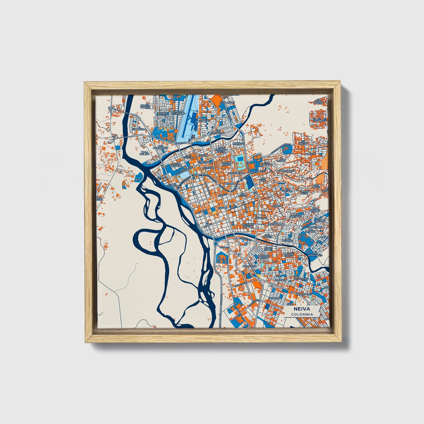 Neiva Colombia Colorful City Map Canvas Print • Natural Wooden Framed