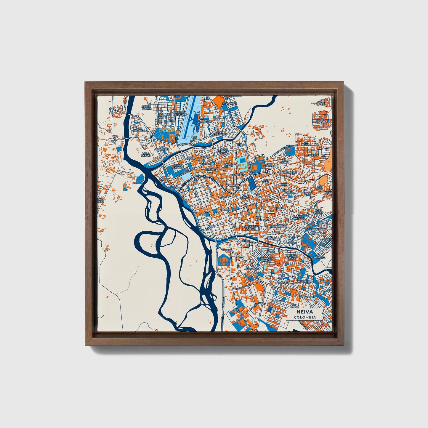 Neiva Colombia Colorful City Map Canvas Print • Dark Wooden Framed