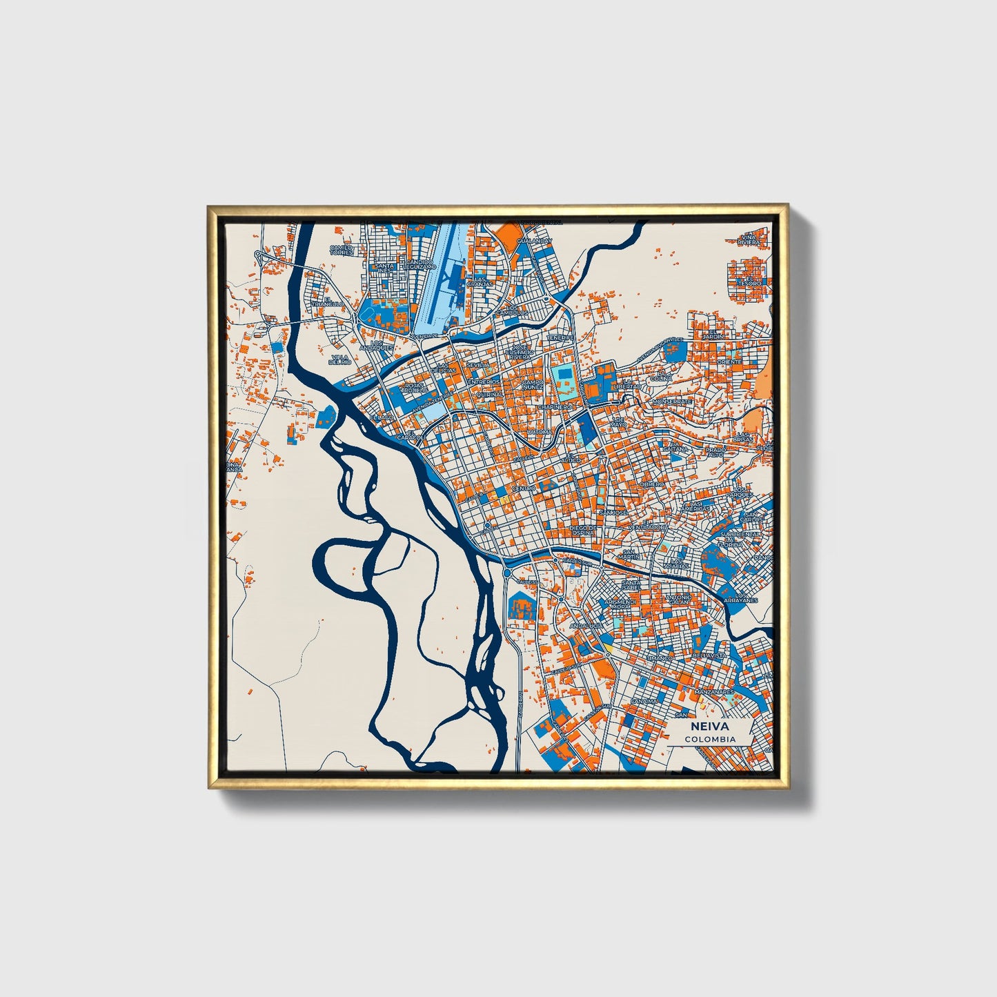 Neiva Colombia Colorful City Map Canvas Print • Gold Framed
