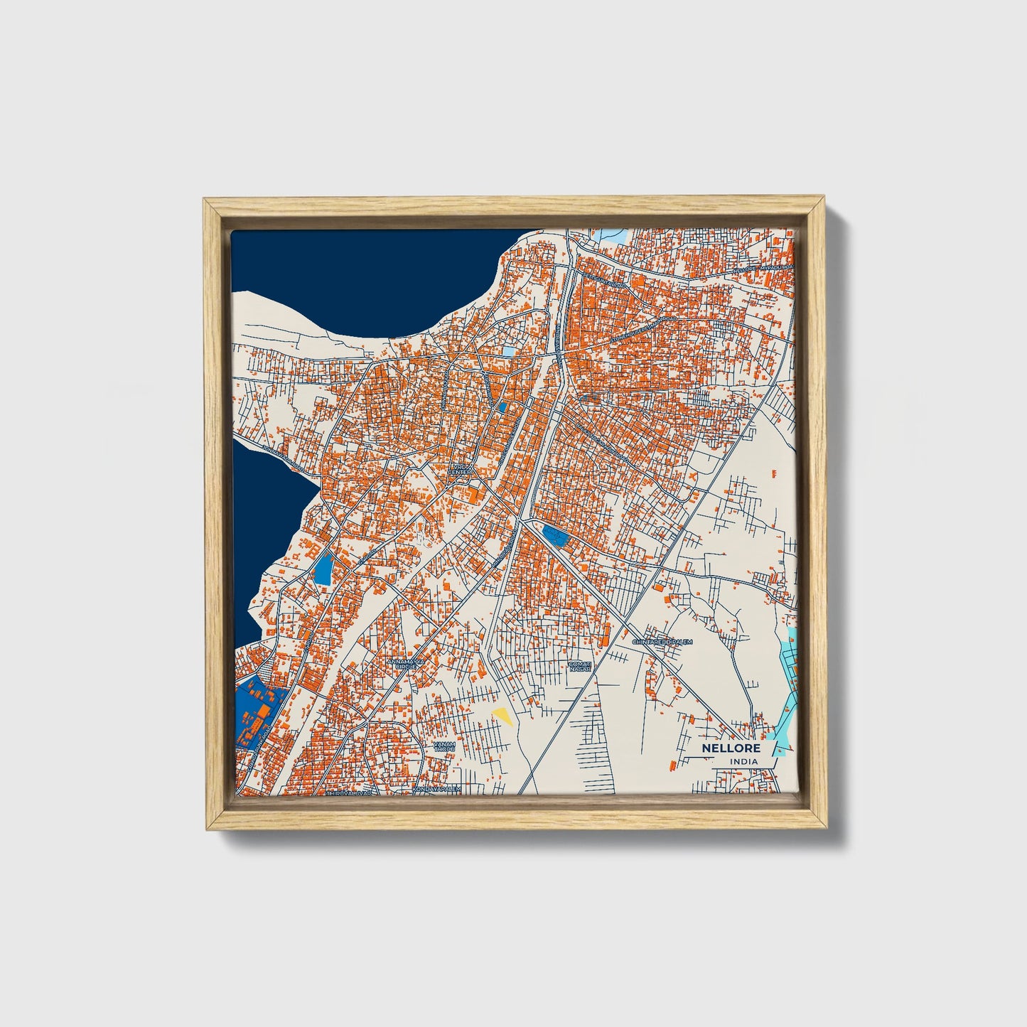 Nellore India Colorful City Map Canvas Print • Natural Wooden Framed