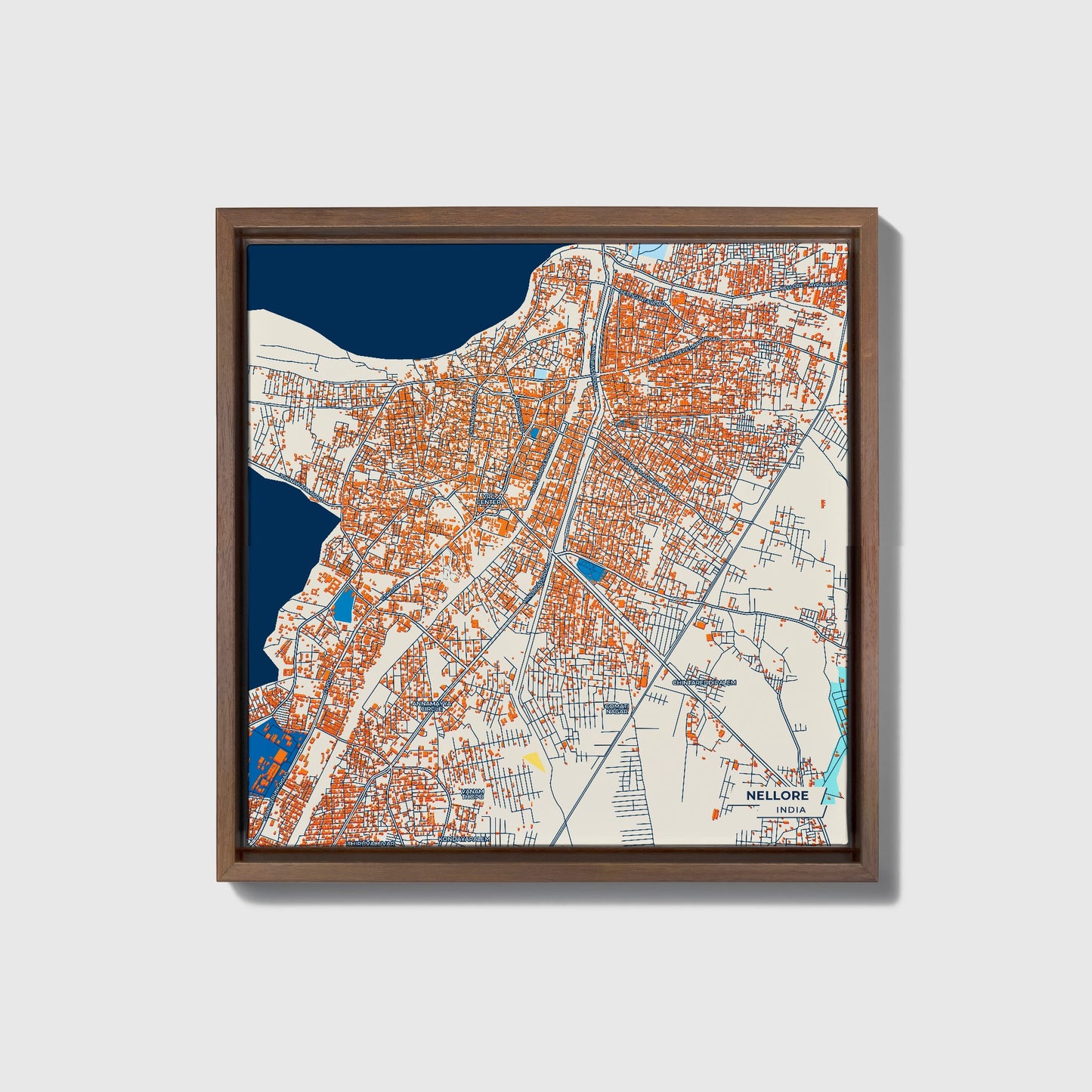 Nellore India Colorful City Map Canvas Print • Dark Wooden Framed