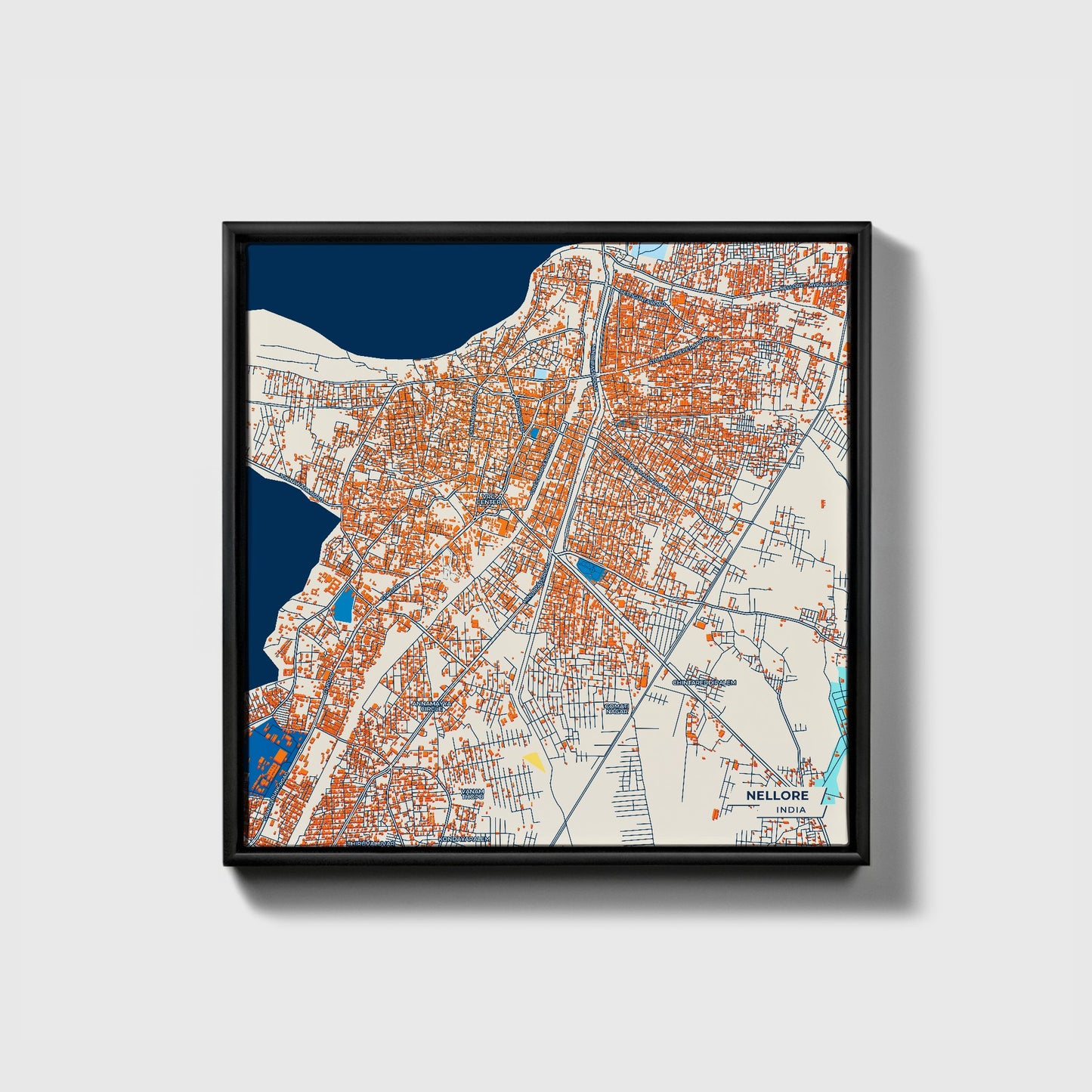 Nellore India Colorful City Map Canvas Print • Black Framed