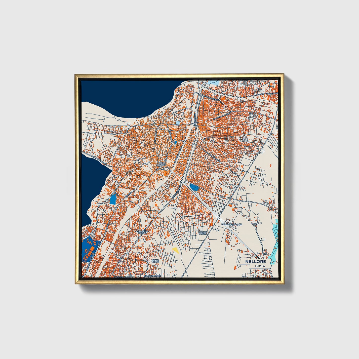 Nellore India Colorful City Map Canvas Print • Gold Framed