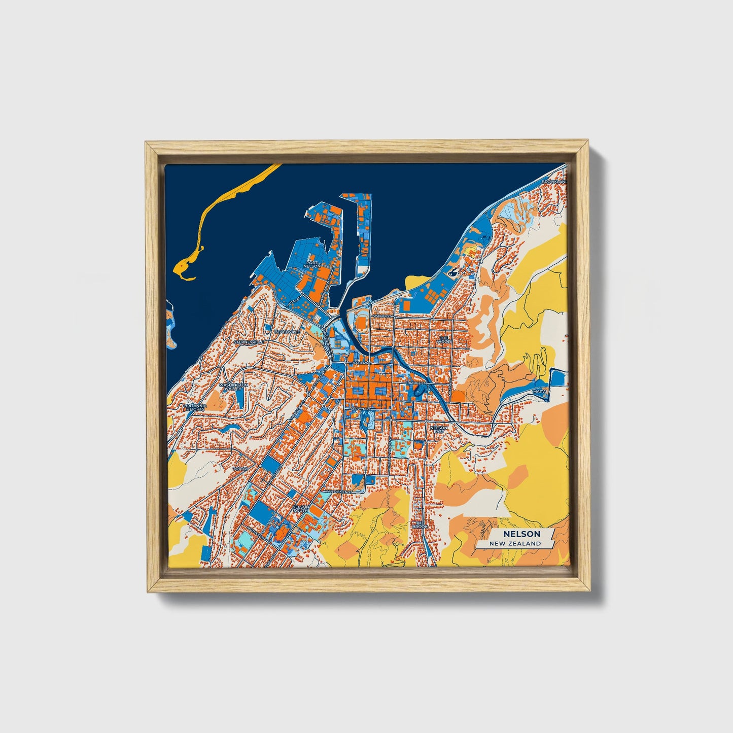 Nelson New Zealand Colorful City Map Canvas Print • Natural Wooden Framed