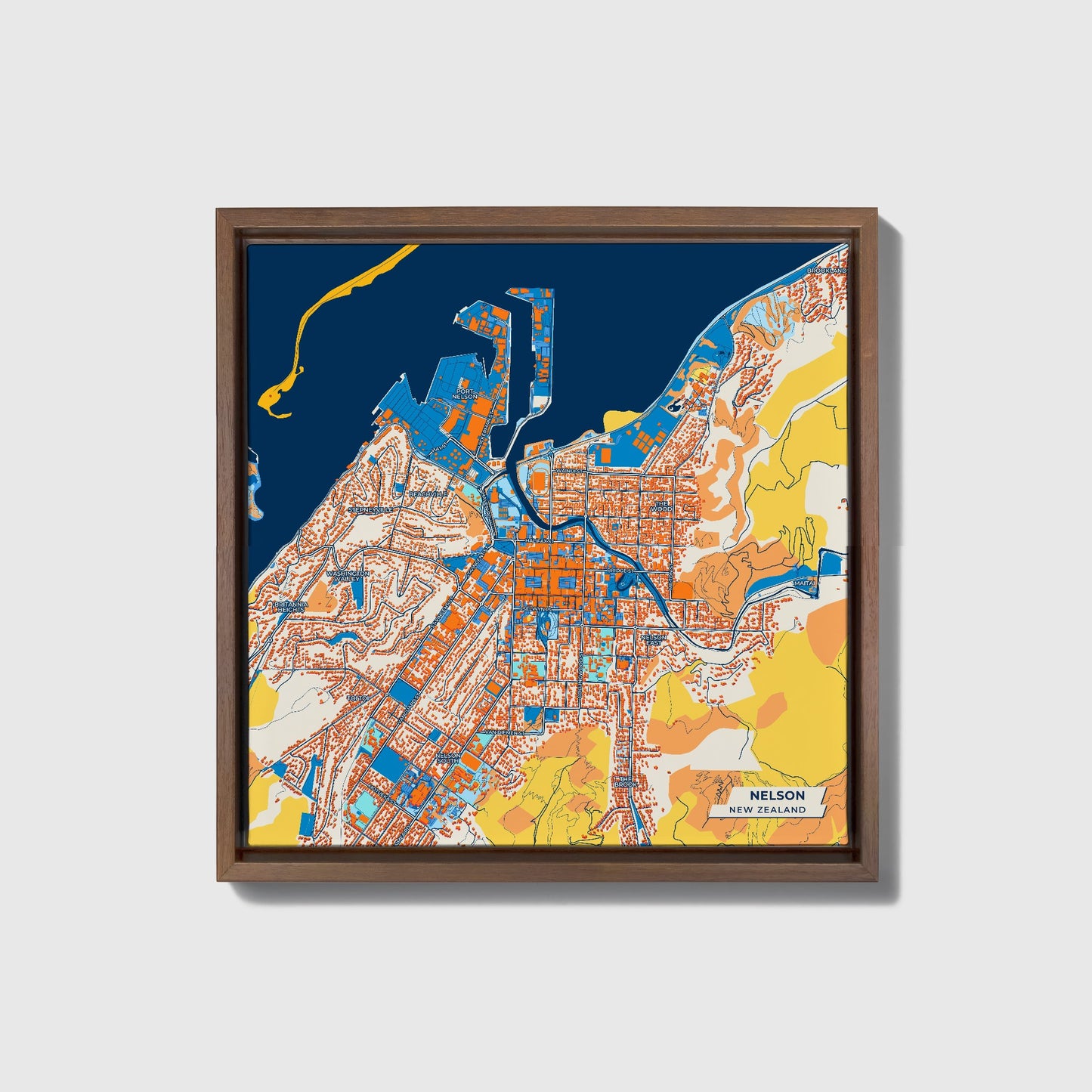 Nelson New Zealand Colorful City Map Canvas Print • Dark Wooden Framed