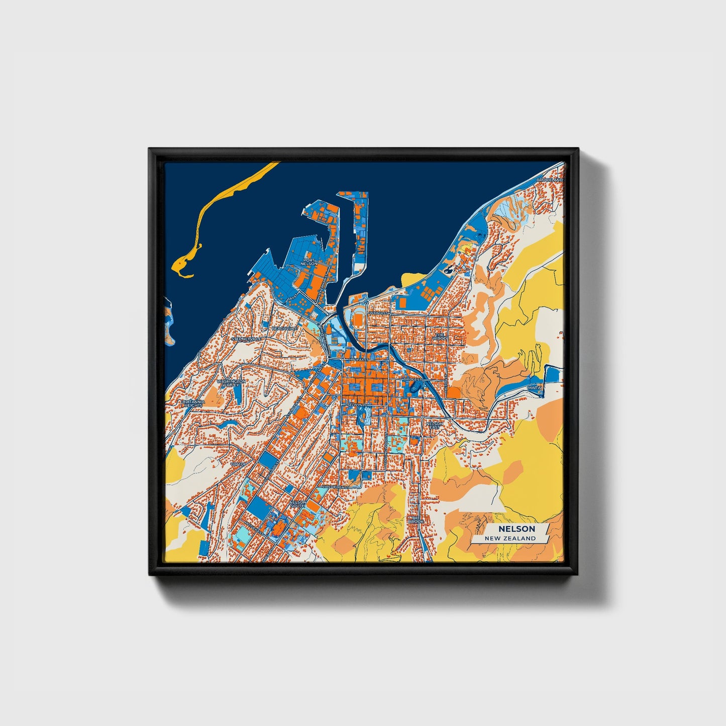 Nelson New Zealand Colorful City Map Canvas Print • Black Framed