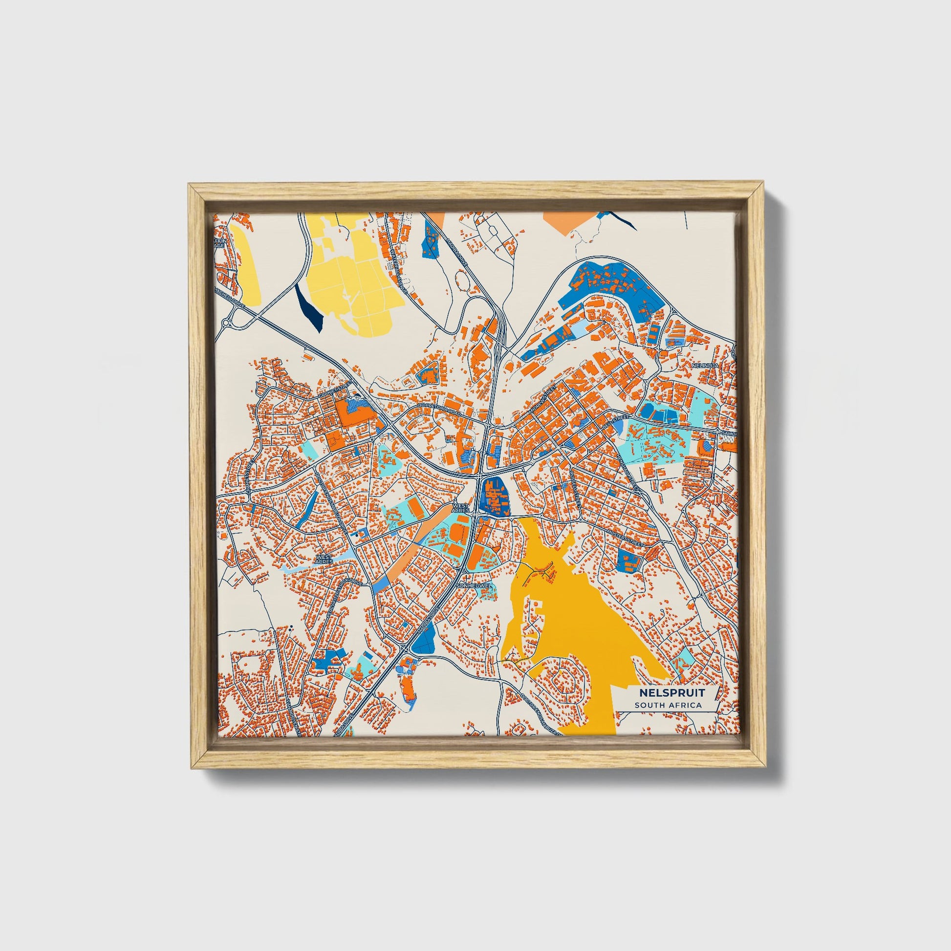 Nelspruit South Africa Colorful City Map Canvas Print • Natural Wooden Framed