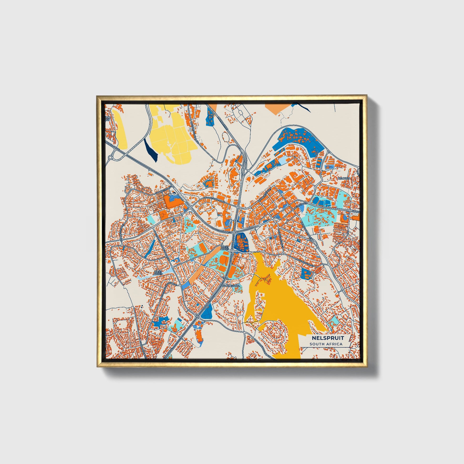 Nelspruit South Africa Colorful City Map Canvas Print • Gold Framed
