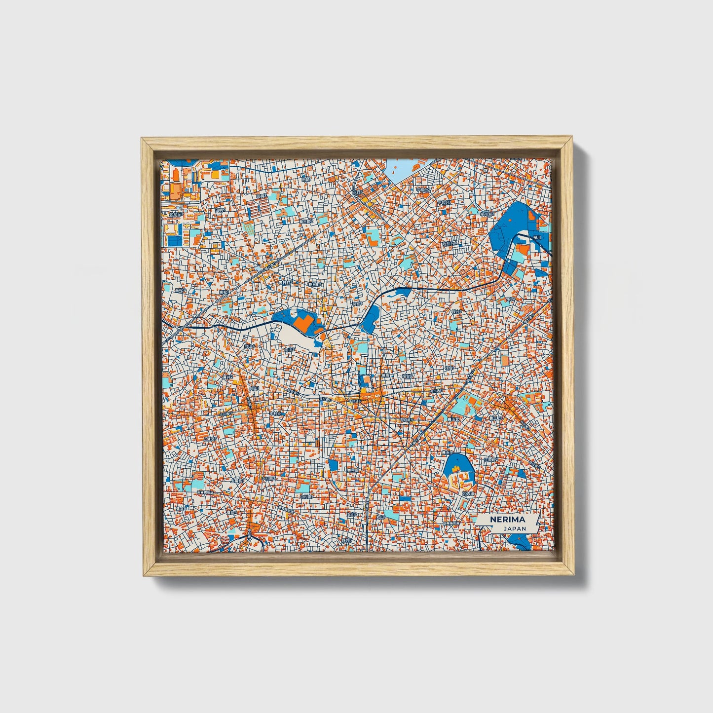 Nerima Japan Colorful City Map Canvas Print • Natural Wooden Framed