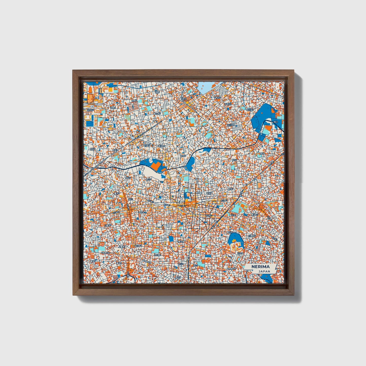 Nerima Japan Colorful City Map Canvas Print • Dark Wooden Framed