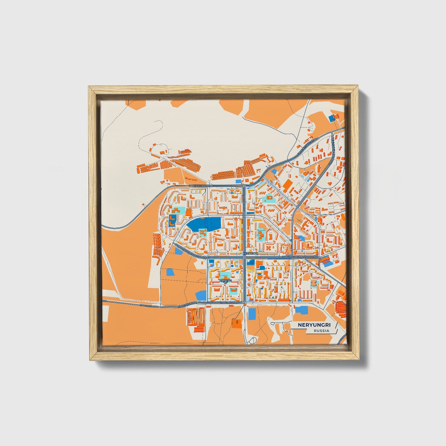 Нерюнгри: Russia Colorful City Map Canvas Print • Natural Wooden Framed