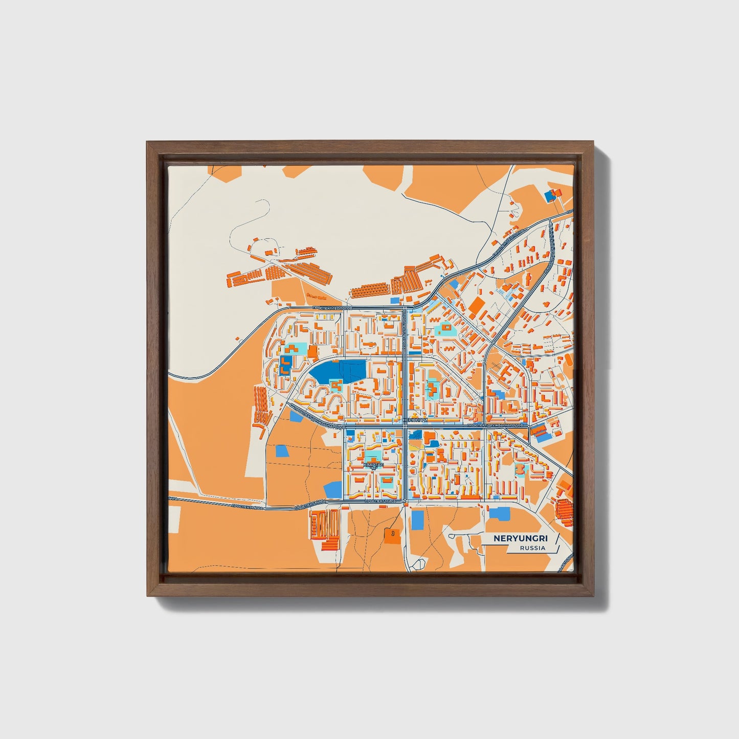 Нерюнгри: Russia Colorful City Map Canvas Print • Dark Wooden Framed