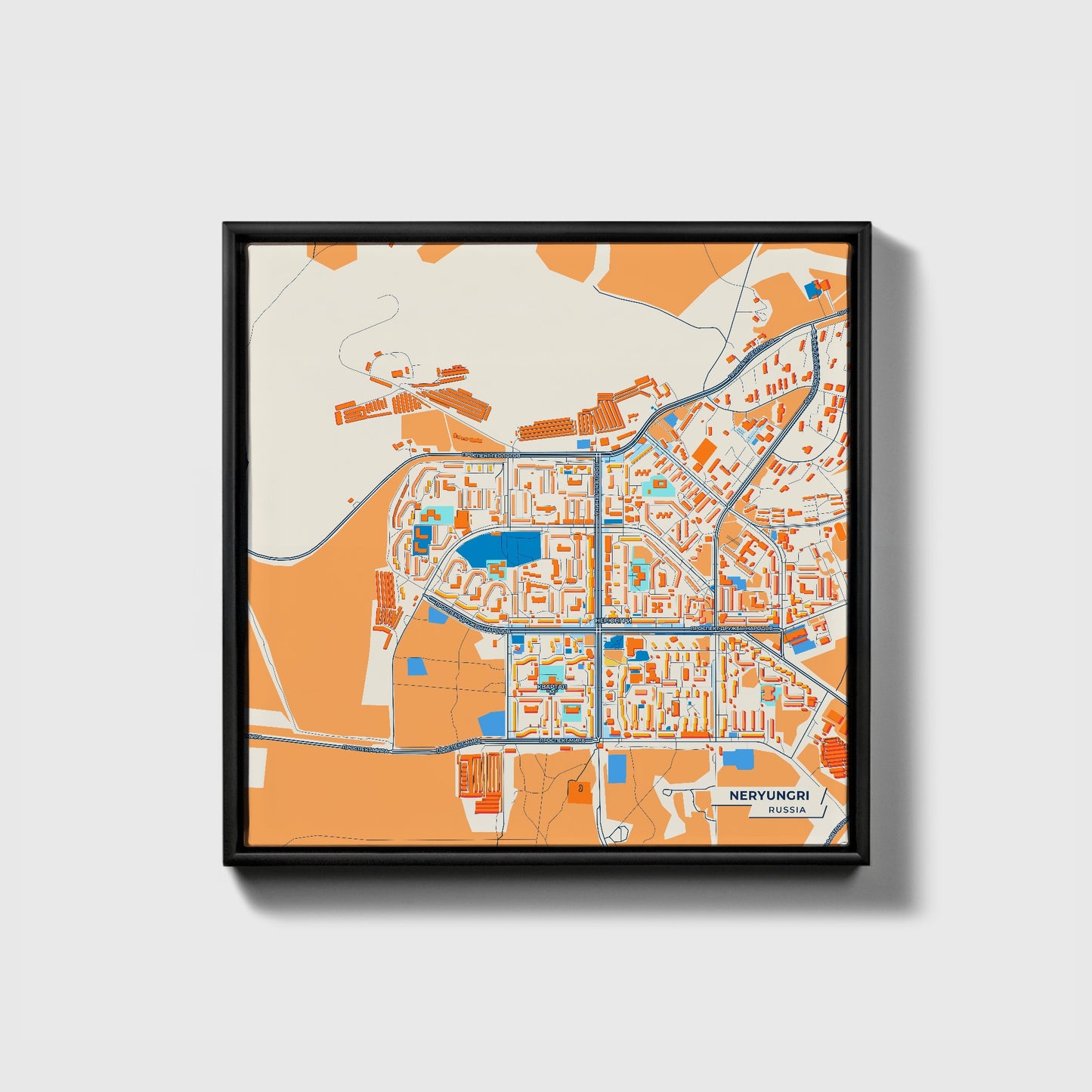 Нерюнгри: Russia Colorful City Map Canvas Print • Black Framed