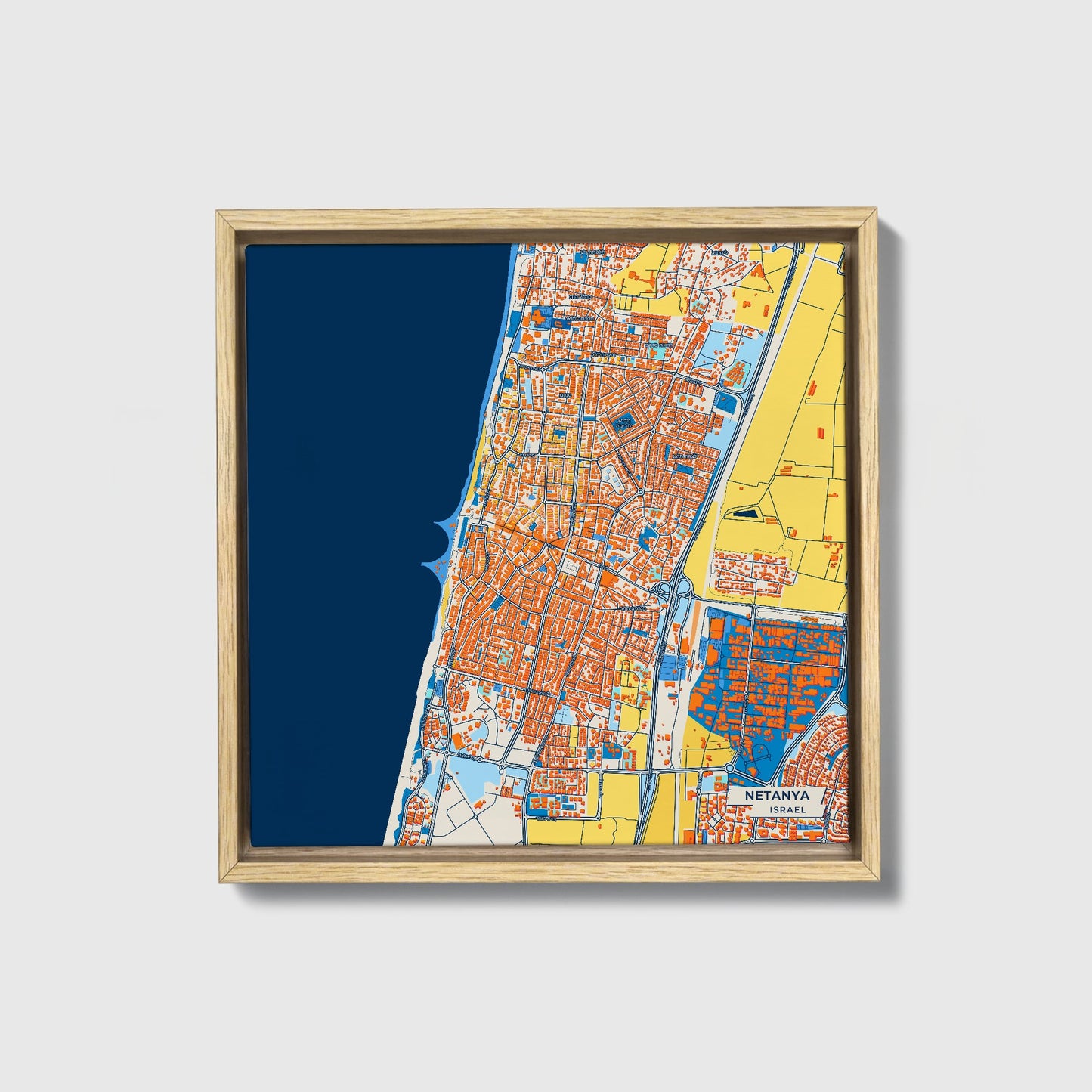 Netanya Israel Colorful City Map Canvas Print • Natural Wooden Framed