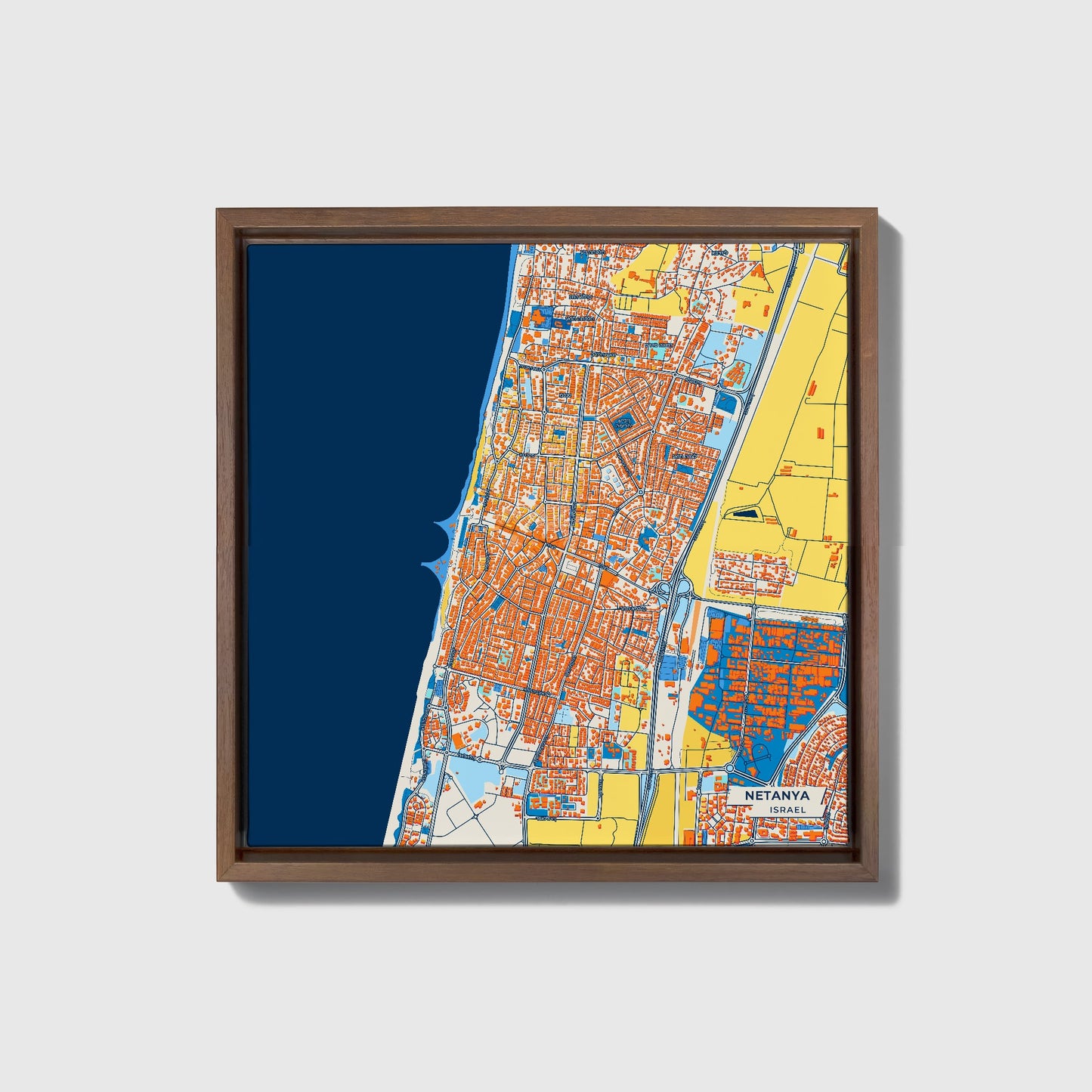 Netanya Israel Colorful City Map Canvas Print • Dark Wooden Framed
