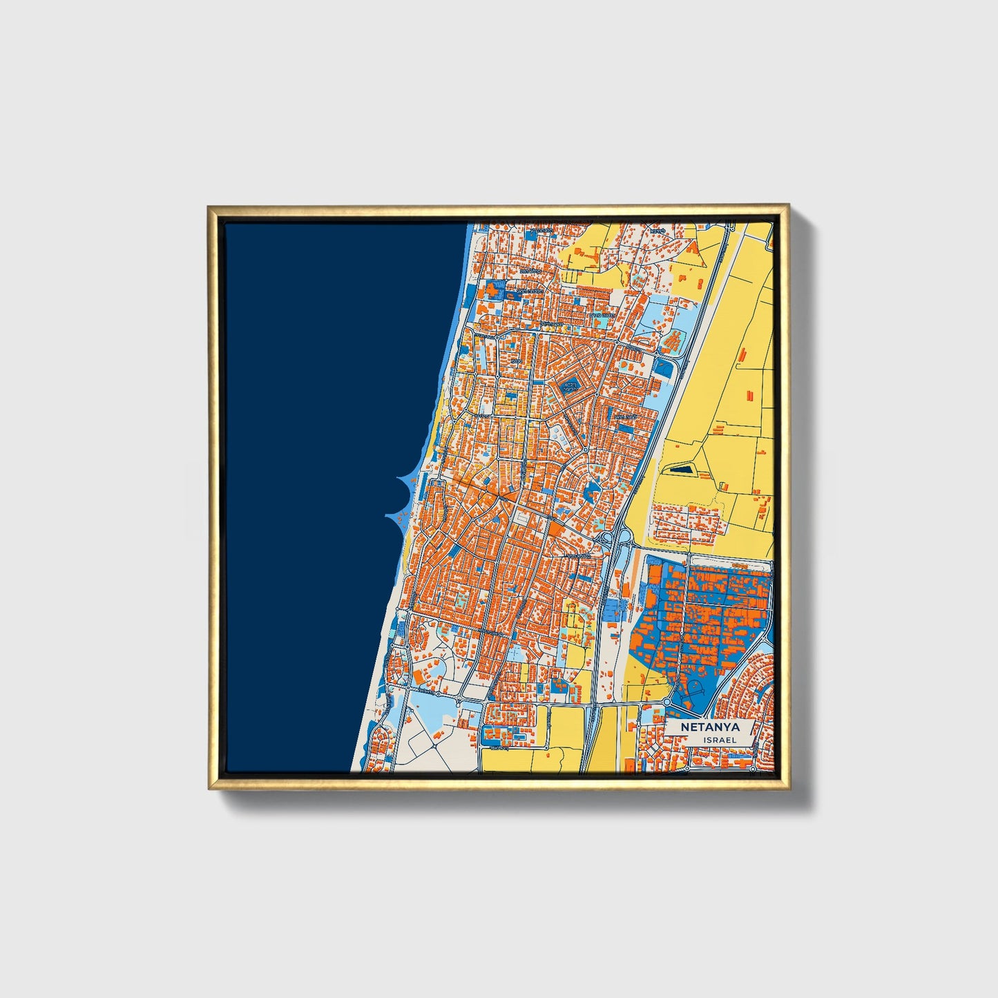 Netanya Israel Colorful City Map Canvas Print • Gold Framed