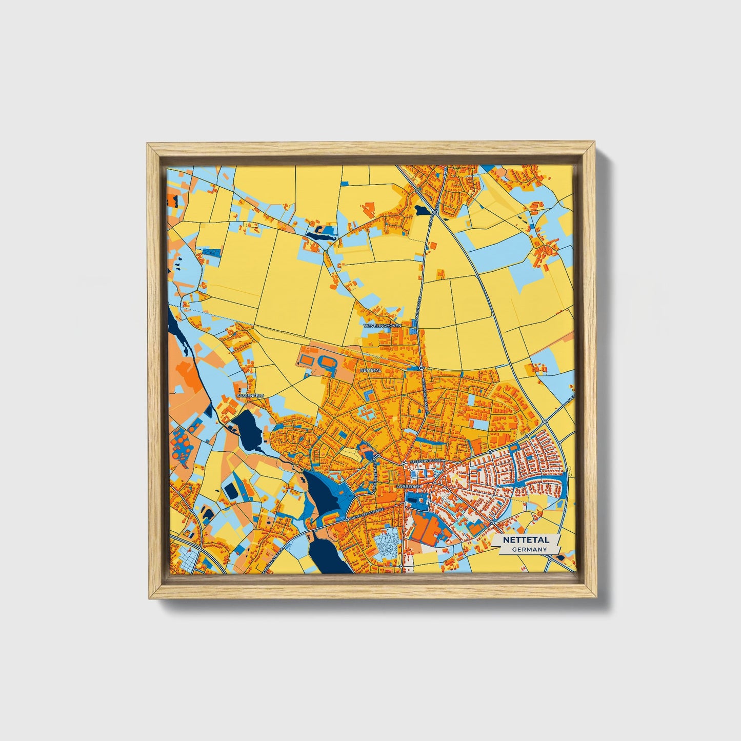 Nettetal Germany Colorful City Map Canvas Print • Natural Wooden Framed