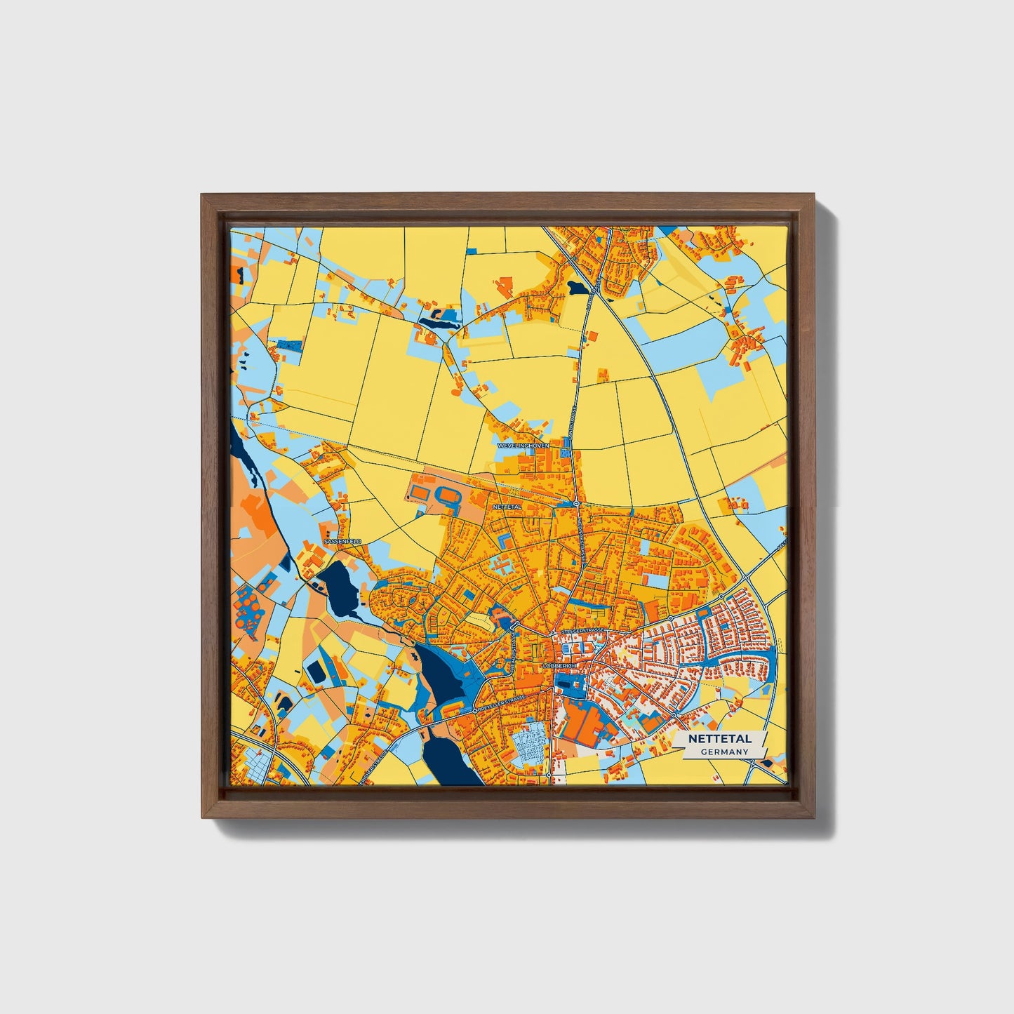Nettetal Germany Colorful City Map Canvas Print • Dark Wooden Framed