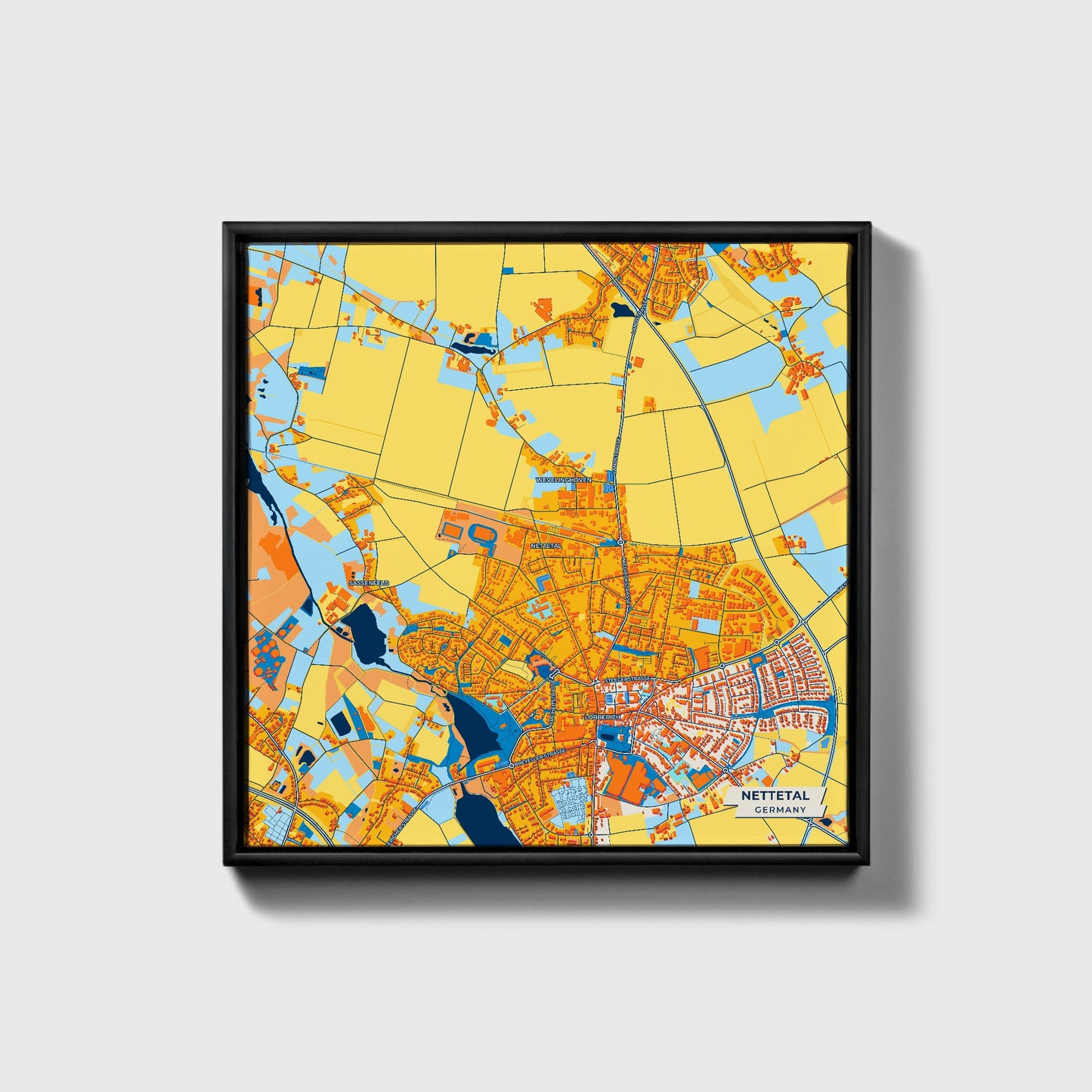 Nettetal Germany Colorful City Map Canvas Print • Black Framed