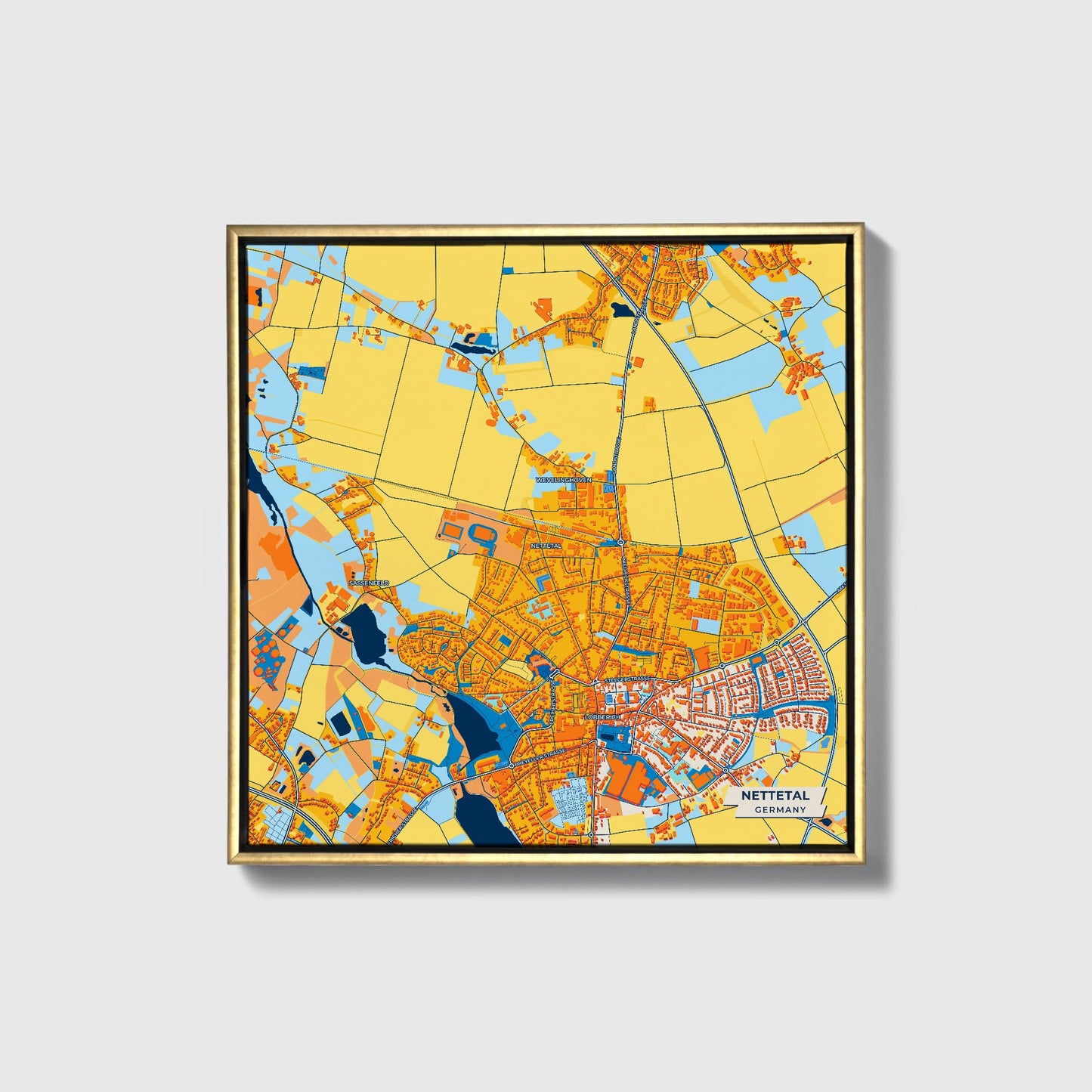 Nettetal Germany Colorful City Map Canvas Print • Gold Framed