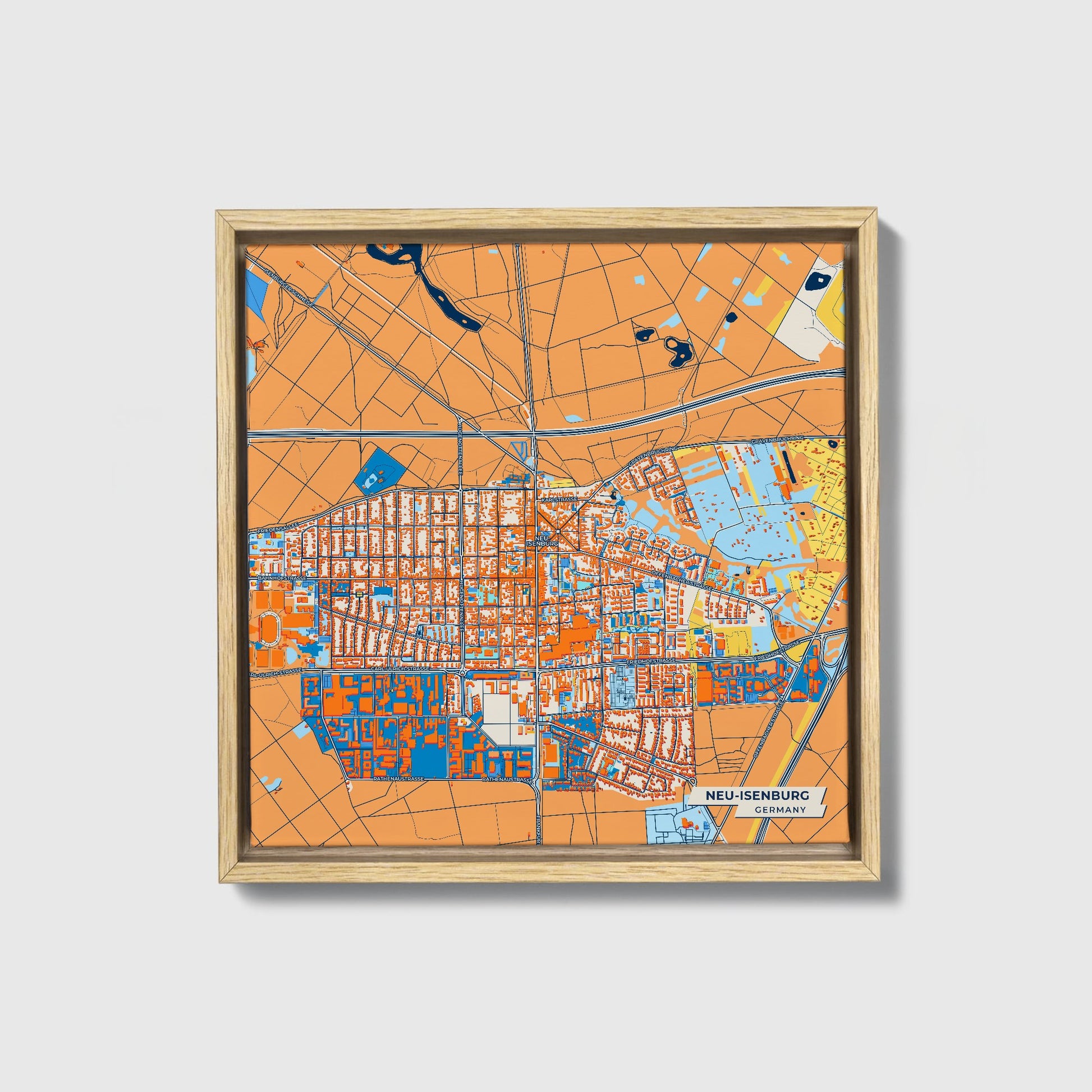 Neu-Isenburg Germany Colorful City Map Canvas Print • Natural Wooden Framed