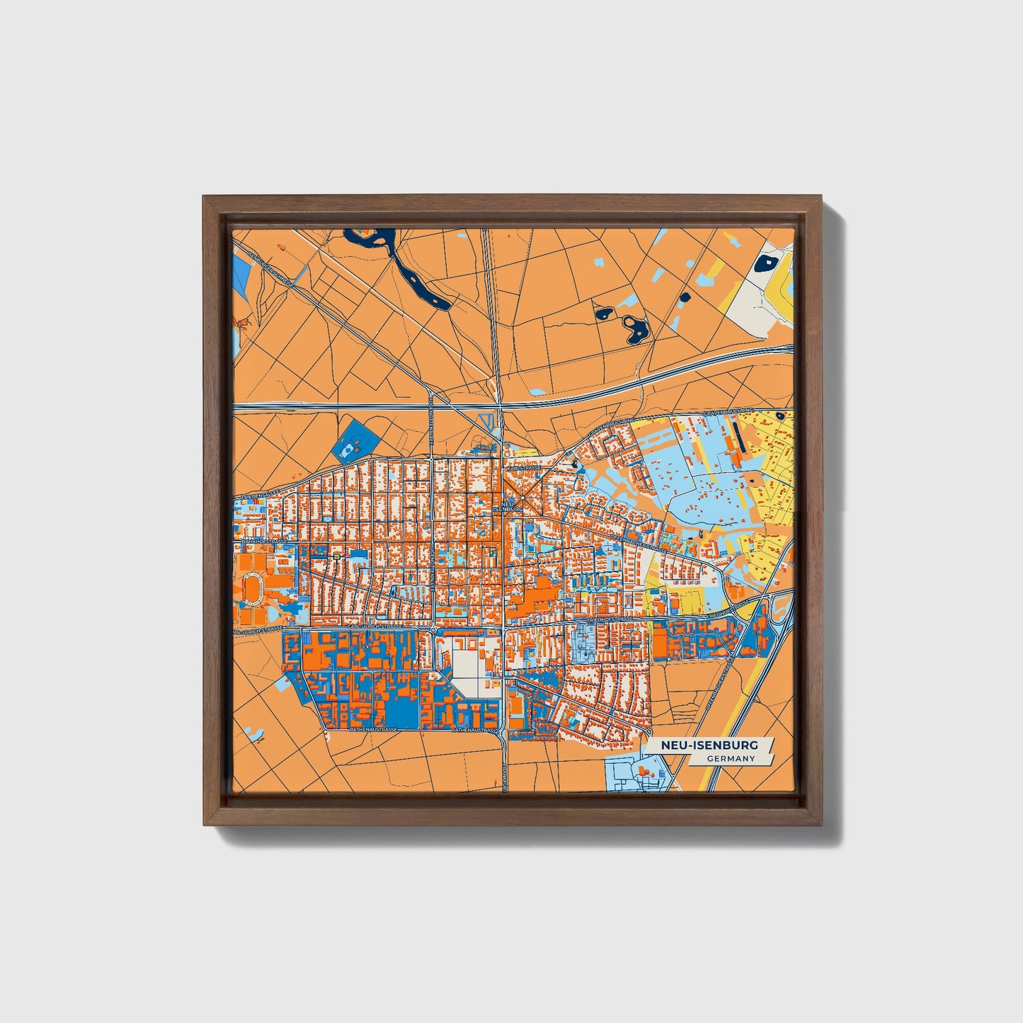 Neu-Isenburg Germany Colorful City Map Canvas Print • Dark Wooden Framed