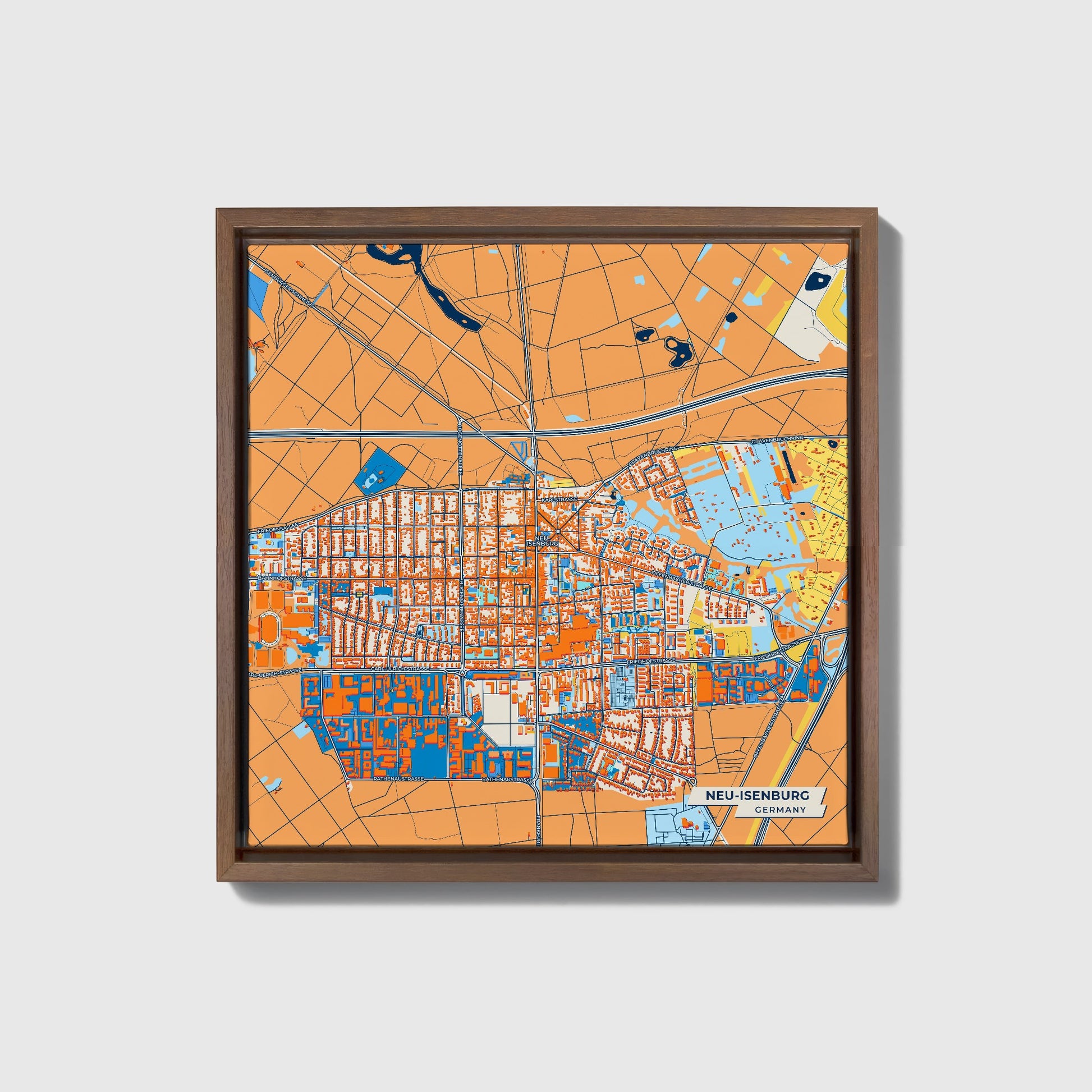 Neu-Isenburg Germany Colorful City Map Canvas Print • Dark Wooden Framed