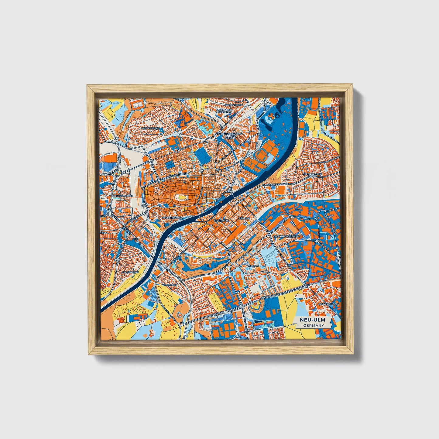 Neu-Ulm Germany Colorful City Map Canvas Print • Natural Wooden Framed