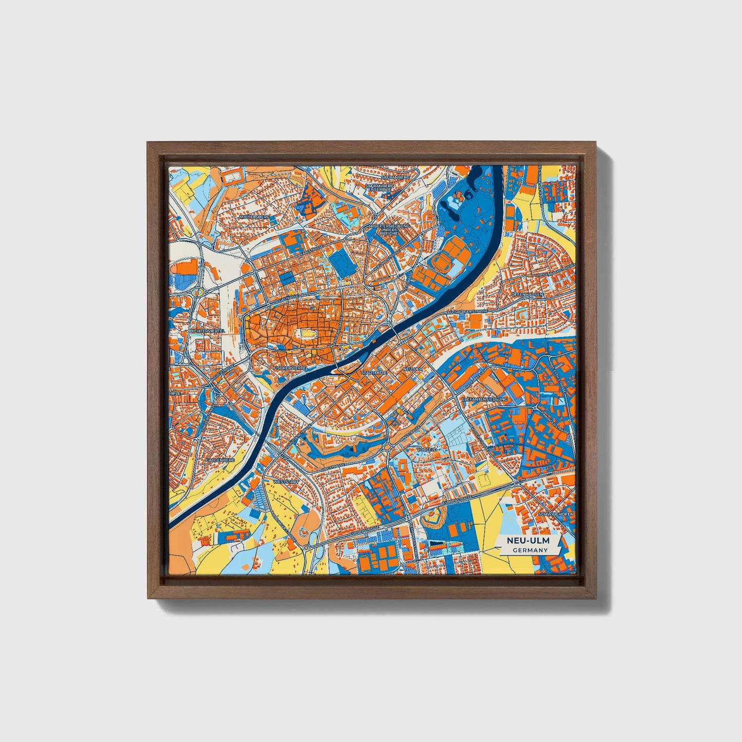Neu-Ulm Germany Colorful City Map Canvas Print • Dark Wooden Framed