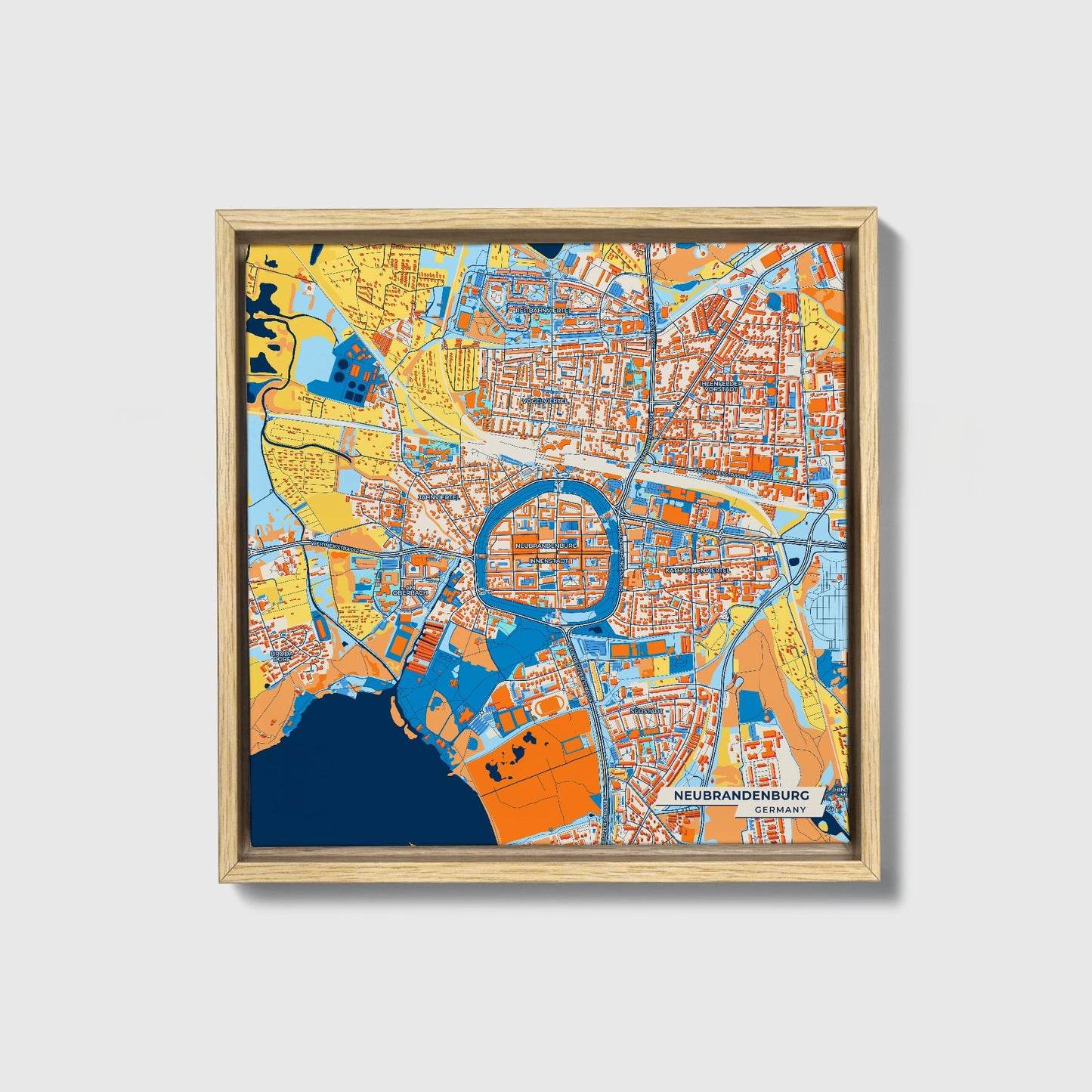 Neubrandenburg Germany Colorful City Map Canvas Print • Natural Wooden Framed