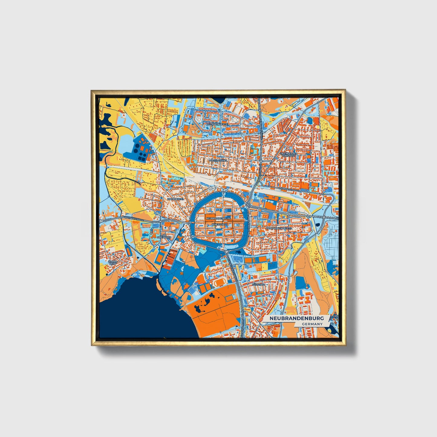 Neubrandenburg Germany Colorful City Map Canvas Print • Gold Framed